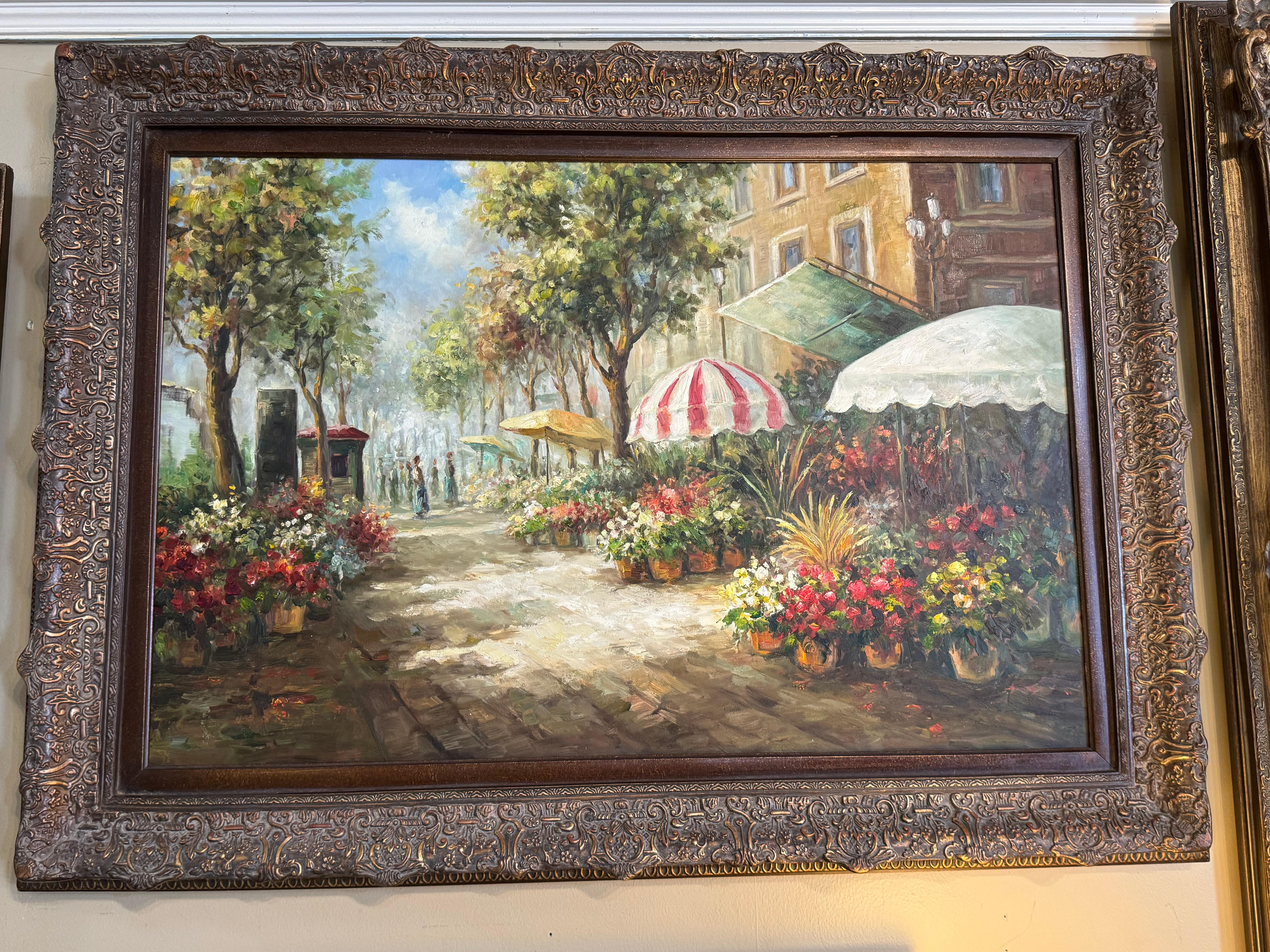 An original oil painting inspired by  painting of an Italian artist known for his Parisian cityscapes , Aldo Rando museum piece titled of a flower market in Paris, likely painted in the mid-20th century. It is an impressionist style. 
Subject: A