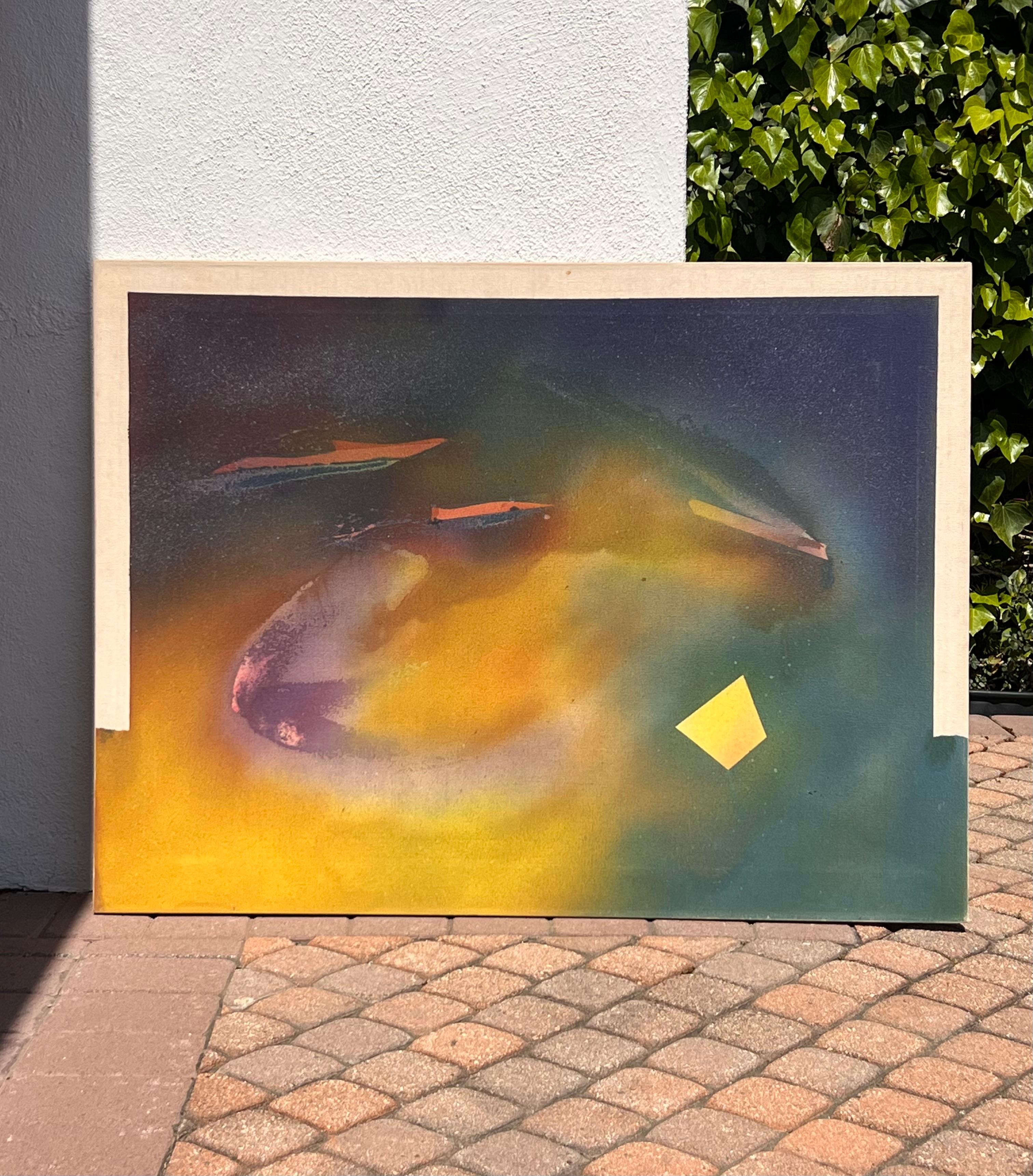 Un suggestivo dipinto astratto originale, olio su tela, firmato dall'artista. Probabilmente alla fine del XX secolo. Con i toni della calendula, del verde phthalo, del blu notte, della melanzana e del mattone, questo pezzo d'arte colorato e tuttavia