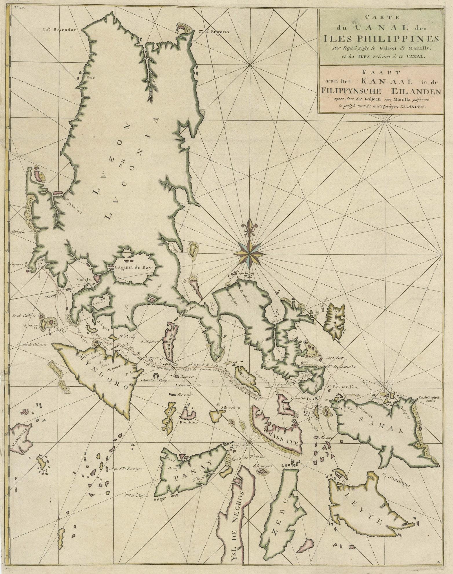 Originale antike Karte mit dem Titel 'Carte du Canal des Iles Philippines (..) - Kaart van het Kanaal in de Filippynsche Eilanden (..)'. Auffällige und sehr detaillierte Karte der Inseln der Philippinen. Zeigt Inseln, Buchten, Riffe,