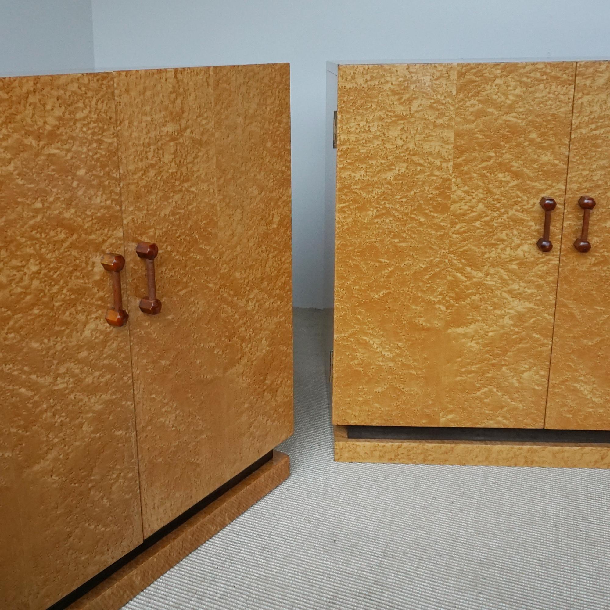Bakelite An Original Pair of Art Deco Birdseye Maple Side Cabinets For Sale