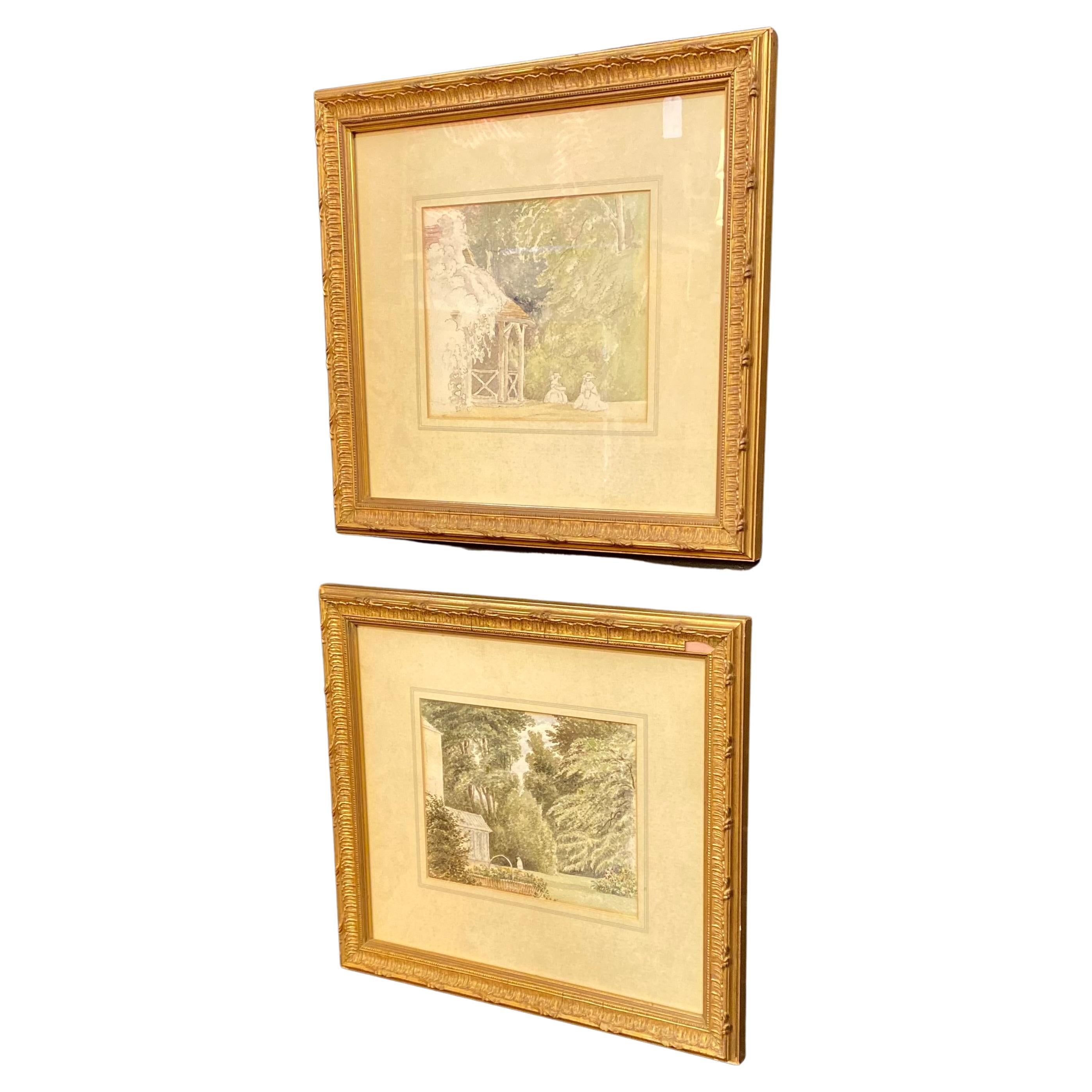 Two original English watercolor/drawings circa 1854,1855,  Ellen Dumbleton, from her sketchbook, Humble House and Summer house, Hall Grove. Beautifully presented in gilt gesso and wood frames. Ellen Dumbleton was an accomplished and prolific artist