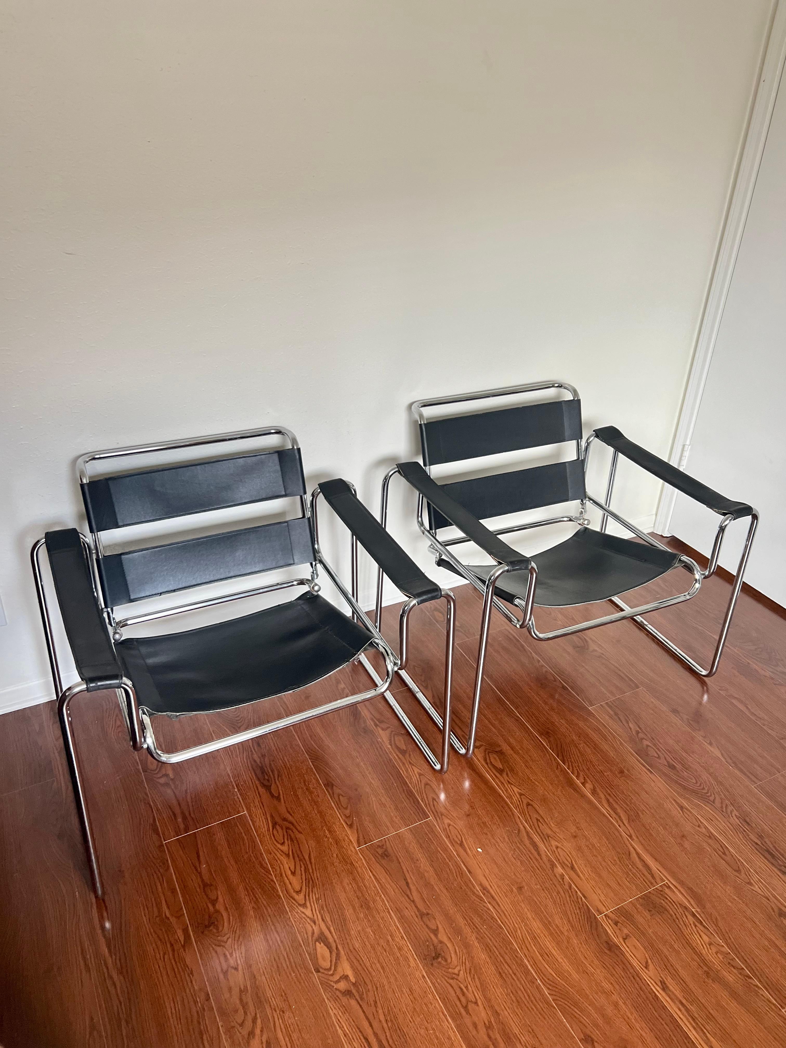 Original Pair of Mid-Century Modern Chrome Black Leather Wassily Style Chairs 2