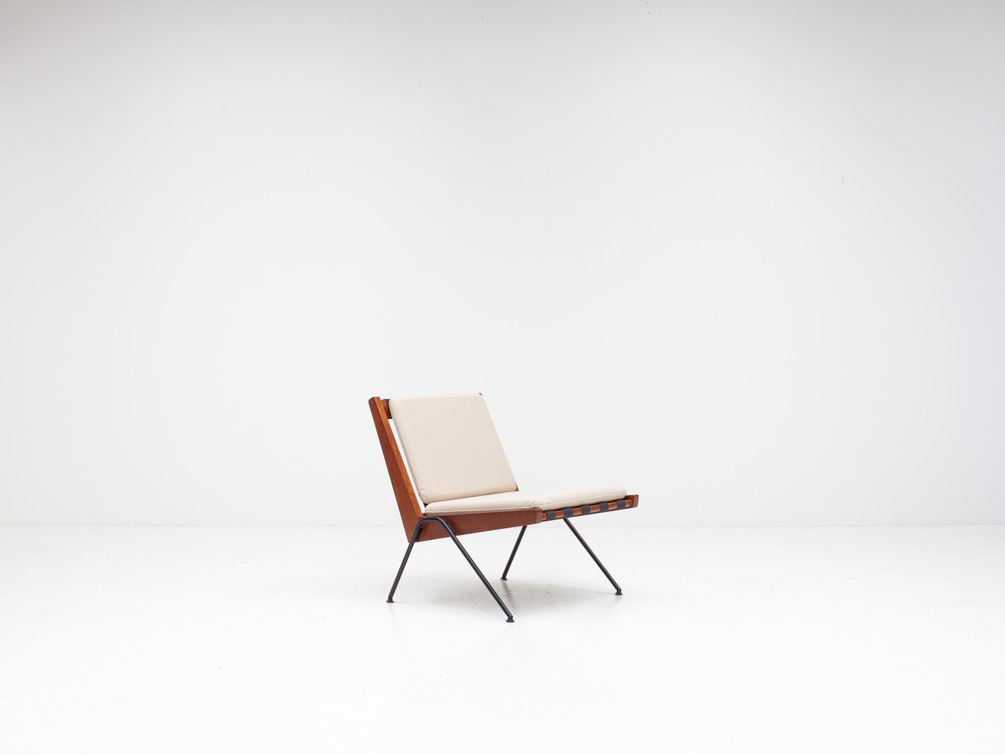 A scarce, original, open teak frame Robin Day 'Chevron' chair for Hille, designed in 1959 - the piece has new foam cushions covered in Kvadrat fabric.

Constructed of tubular legs and chevron-shaped teak frame along with exposed black webbing the