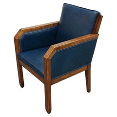 An Original Walnut and Blue Leather Art Deco Armchair