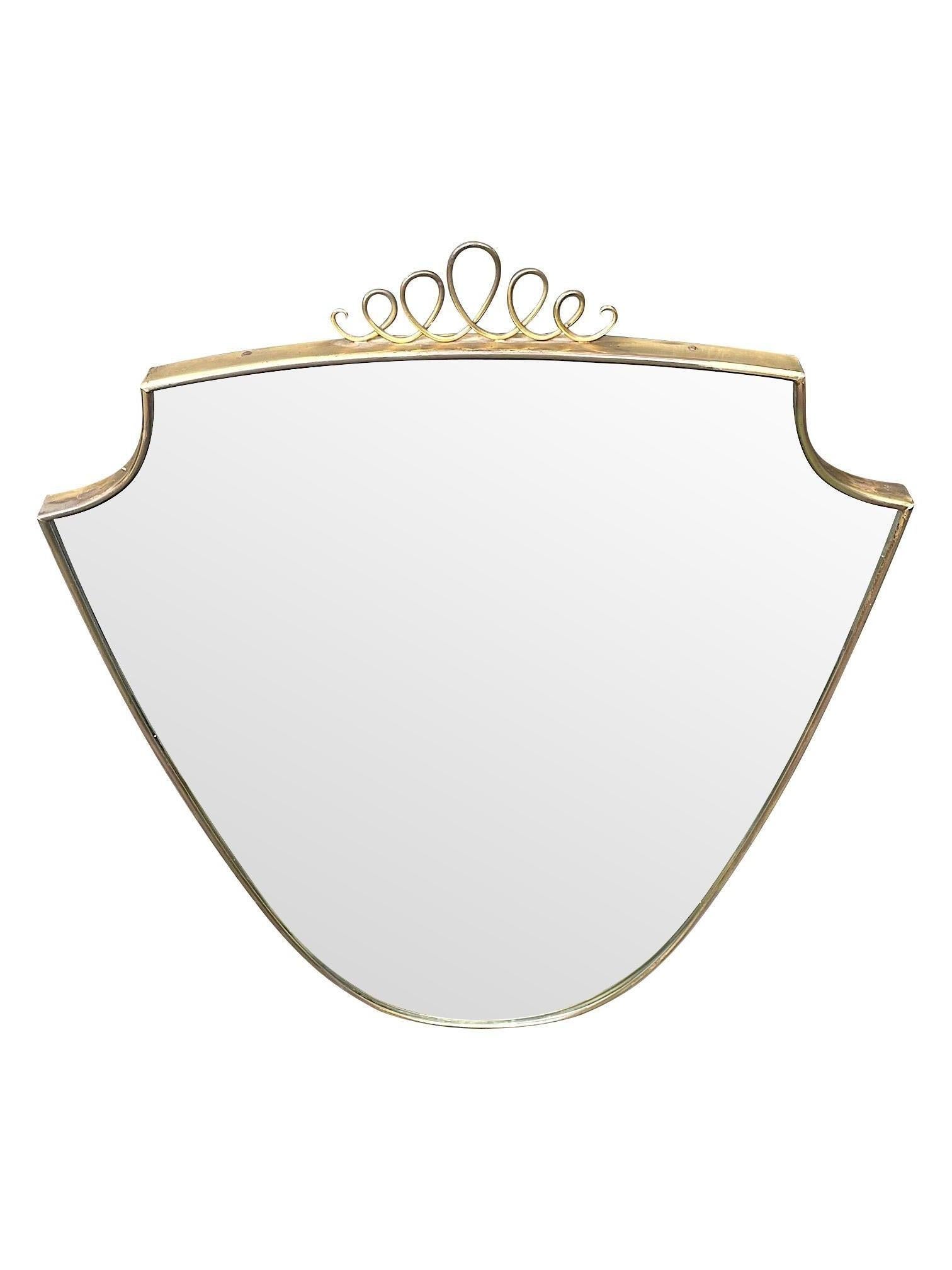 Original 1950s Italian Brass Shield Mirror with Central Decorative Top Detail In Good Condition In London, GB