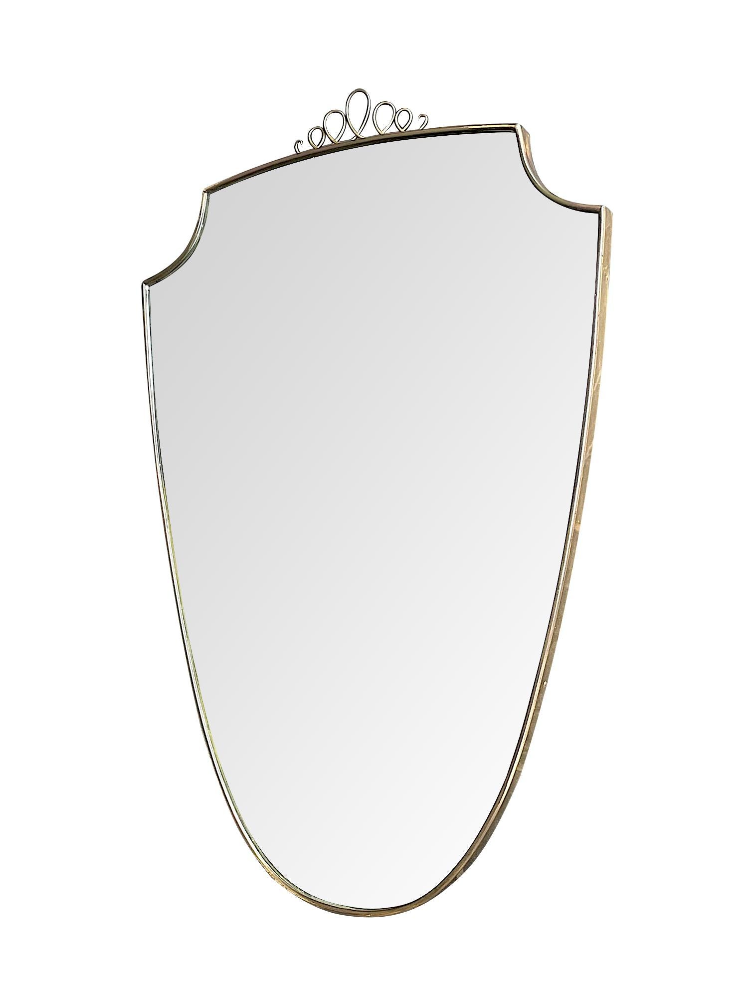 Original 1950s Italian Brass Shield Mirror with Central Decorative Top Detail 3