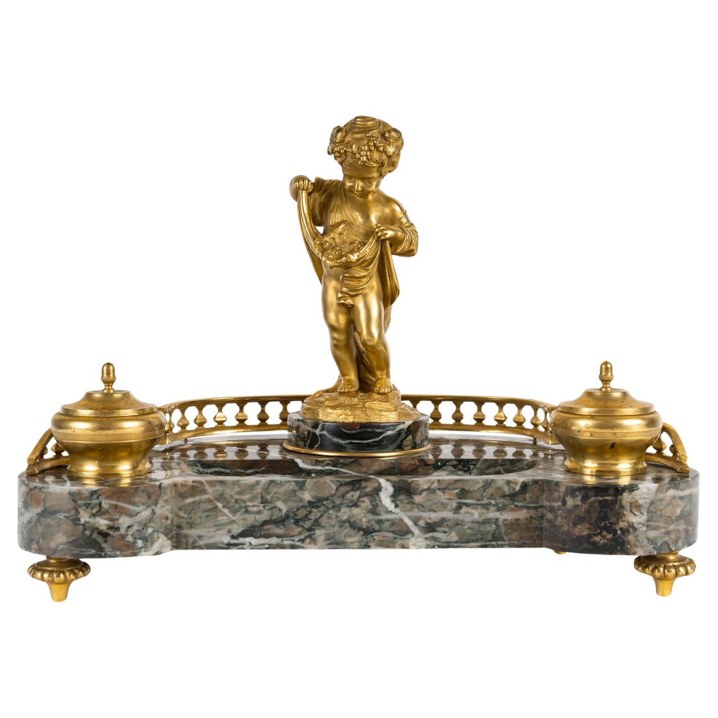 Encrier en bronze doré et en marbre, XIXe siècle, période Napoléon III.