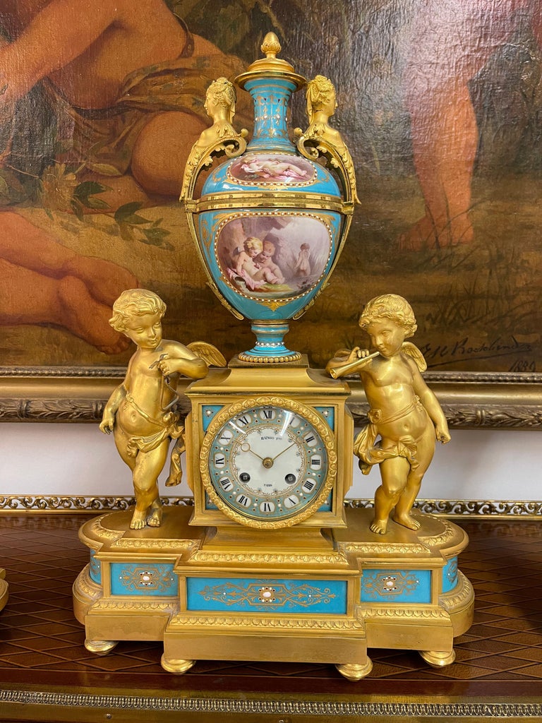 Louis XV An Ormolu-Mounted Sevres Style Porcelain 'JEWELED' Turquoise-Ground Clock Set For Sale