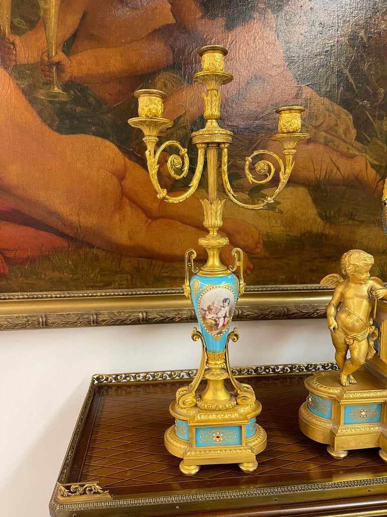 Cast An Ormolu-Mounted Sevres Style Porcelain 'JEWELED' Turquoise-Ground Clock Set For Sale