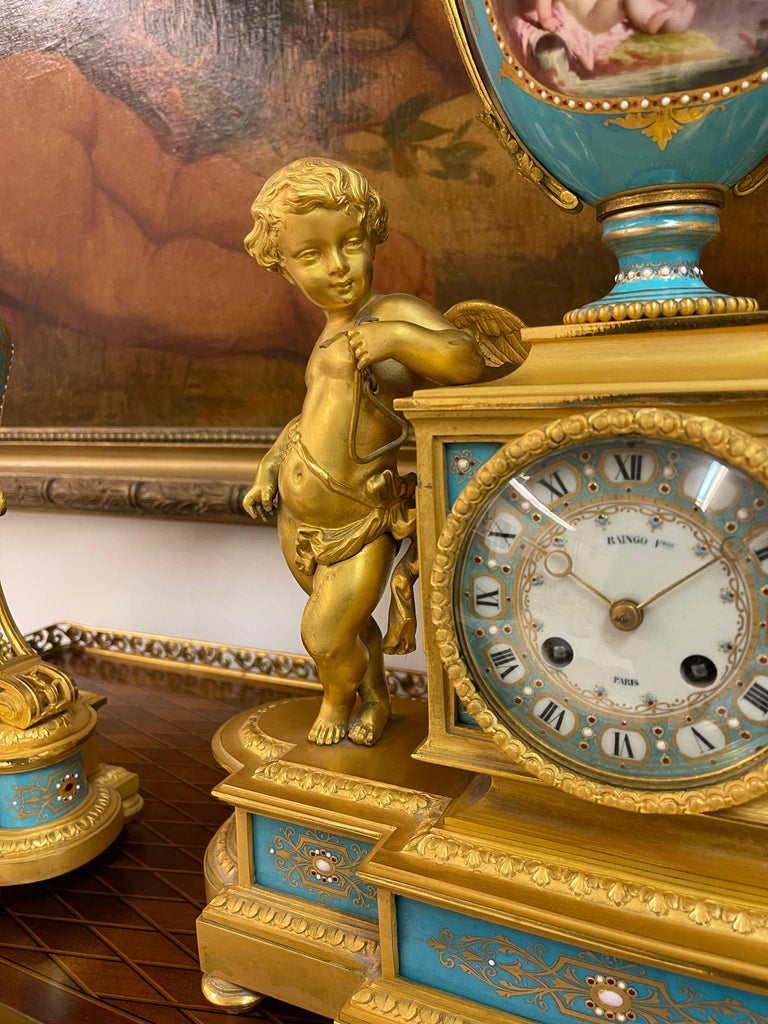 19th Century An Ormolu-Mounted Sevres Style Porcelain 'JEWELED' Turquoise-Ground Clock Set For Sale