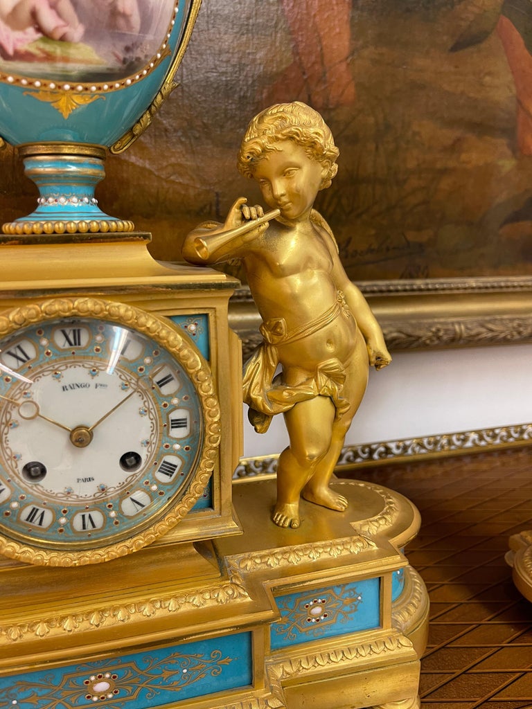 Bronze An Ormolu-Mounted Sevres Style Porcelain 'JEWELED' Turquoise-Ground Clock Set For Sale