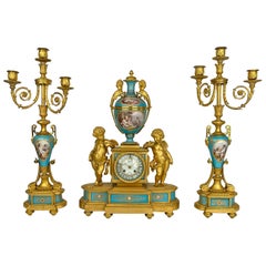 Antique An Ormolu-Mounted Sevres Style Porcelain 'JEWELED' Turquoise-Ground Clock Set