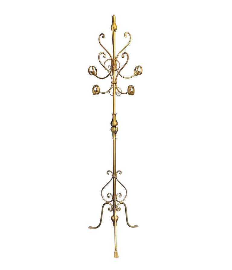Ornate 1950's Style Italian Gilt Wrought Iron Coat Stand For Sale at