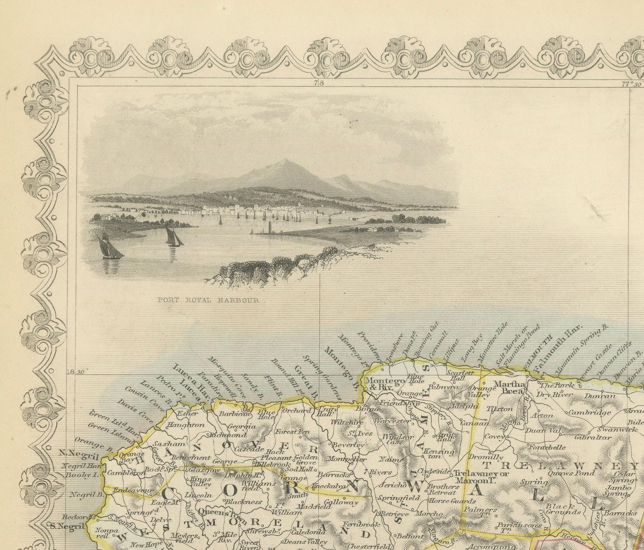 Ornamente und historische Tallis-Karte von Jamaika mit dekorativen Vignetten, 1851 im Zustand „Gut“ im Angebot in Langweer, NL
