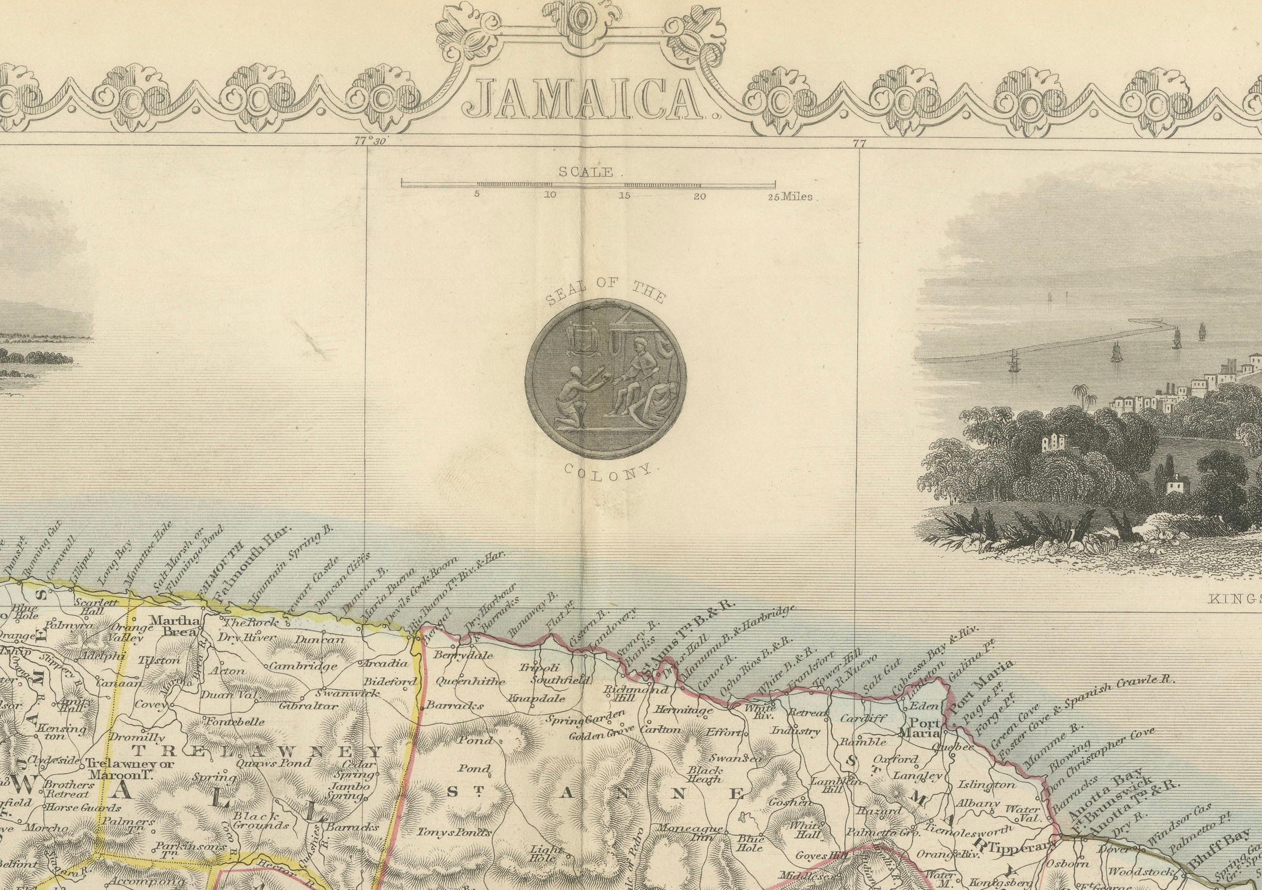 Ornamente und historische Tallis-Karte von Jamaika mit dekorativen Vignetten, 1851 (Mittleres 19. Jahrhundert) im Angebot