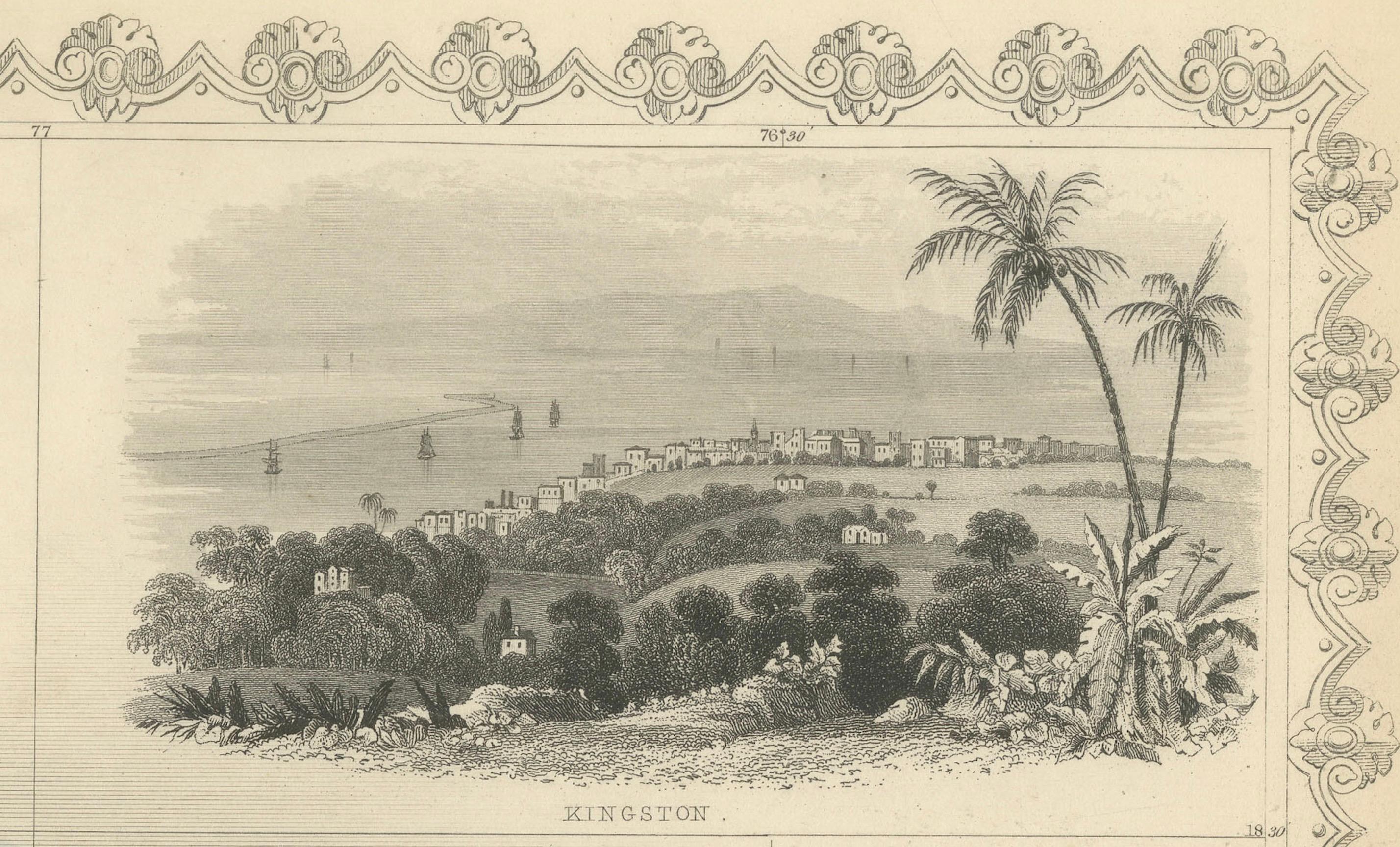Ornamente und historische Tallis-Karte von Jamaika mit dekorativen Vignetten, 1851 im Angebot 1