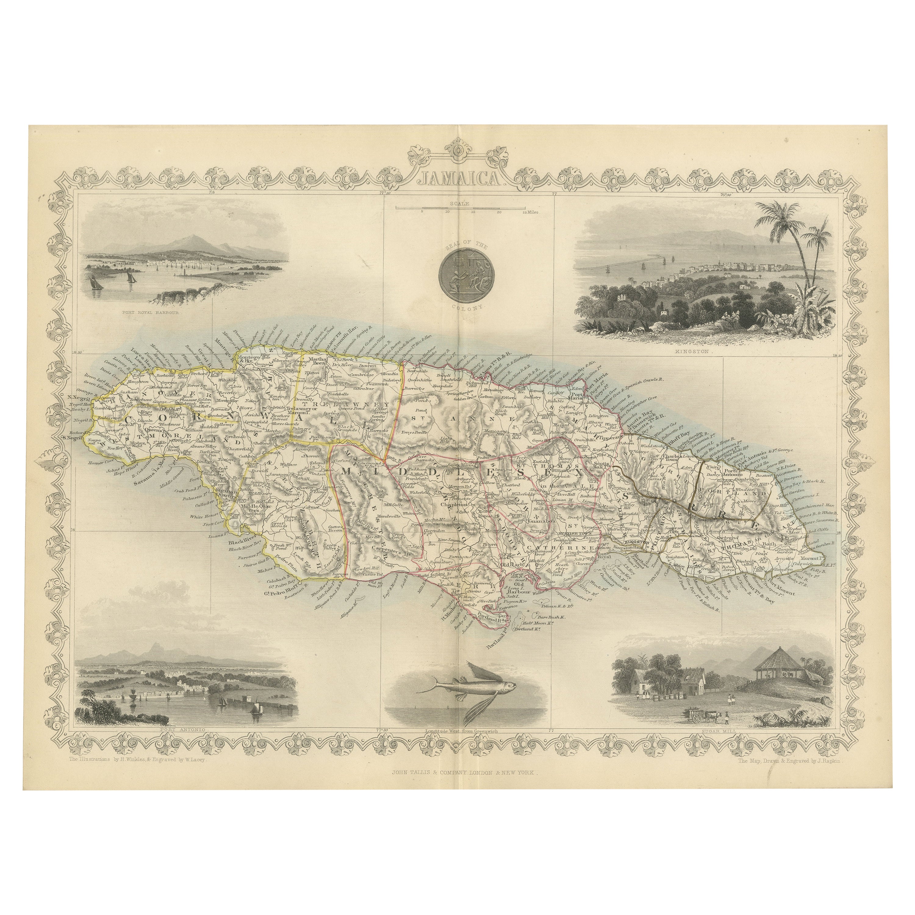 Una mappa Tallis della Giamaica ornata e storica con vignette decorative, 1851 in vendita