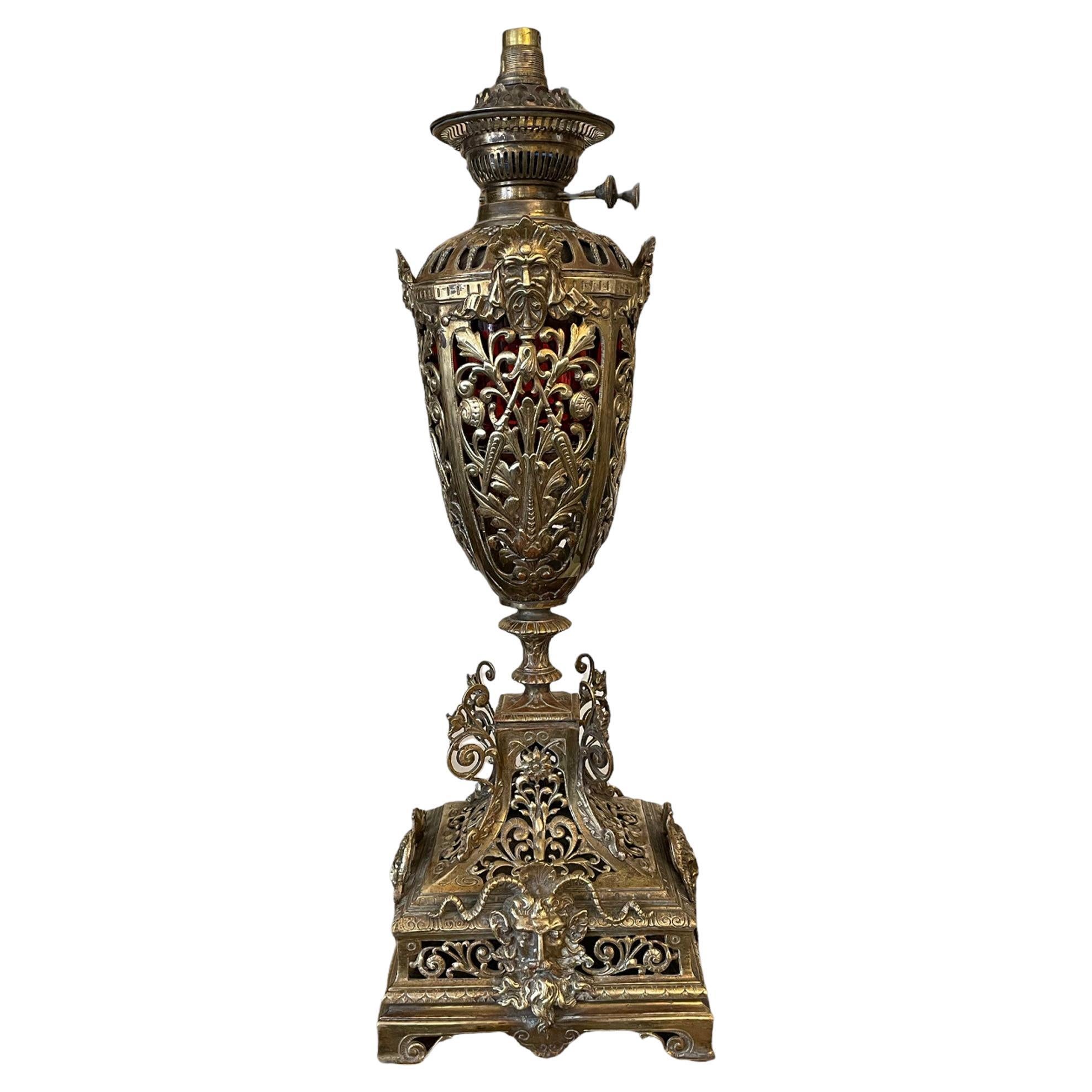 Ornate Brass and Ormolu Oil Lamp For Sale