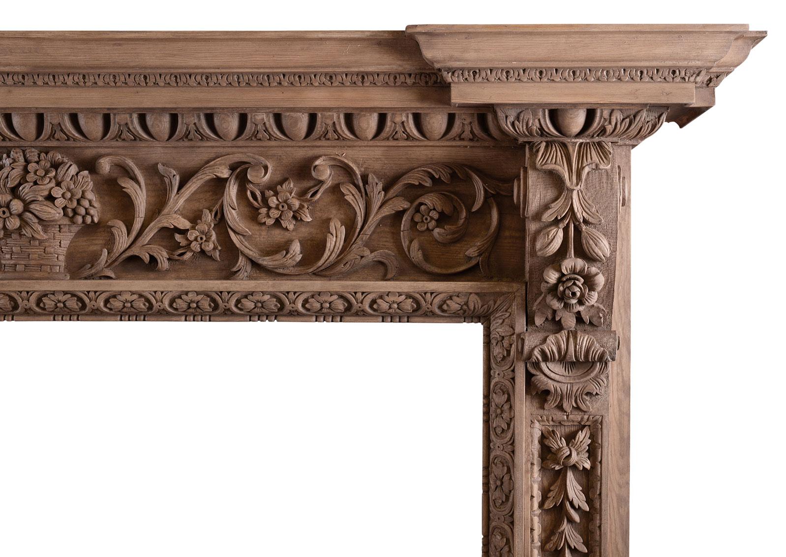 Georgian Ornate Pine Fireplace with Carving Throughout For Sale