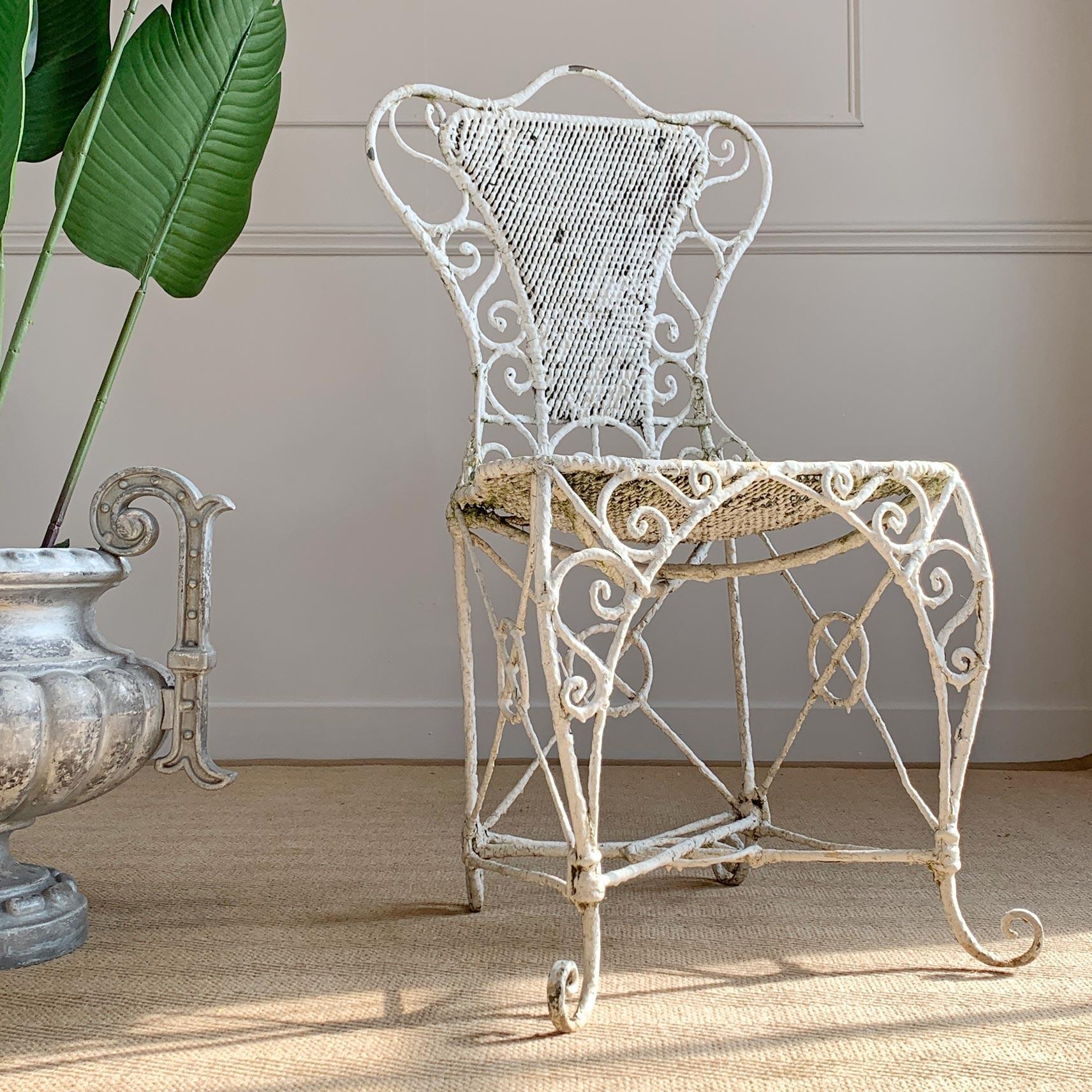 An untouched and incredibly ornate Regency period wirework and wrought iron chair, superb form and scale.

English, dating to the very early 19th century.

Height 82.5cm x Width 44cm x Depth 42cm

Seat Height 41cm x Depth 32cm x Width 42cm.