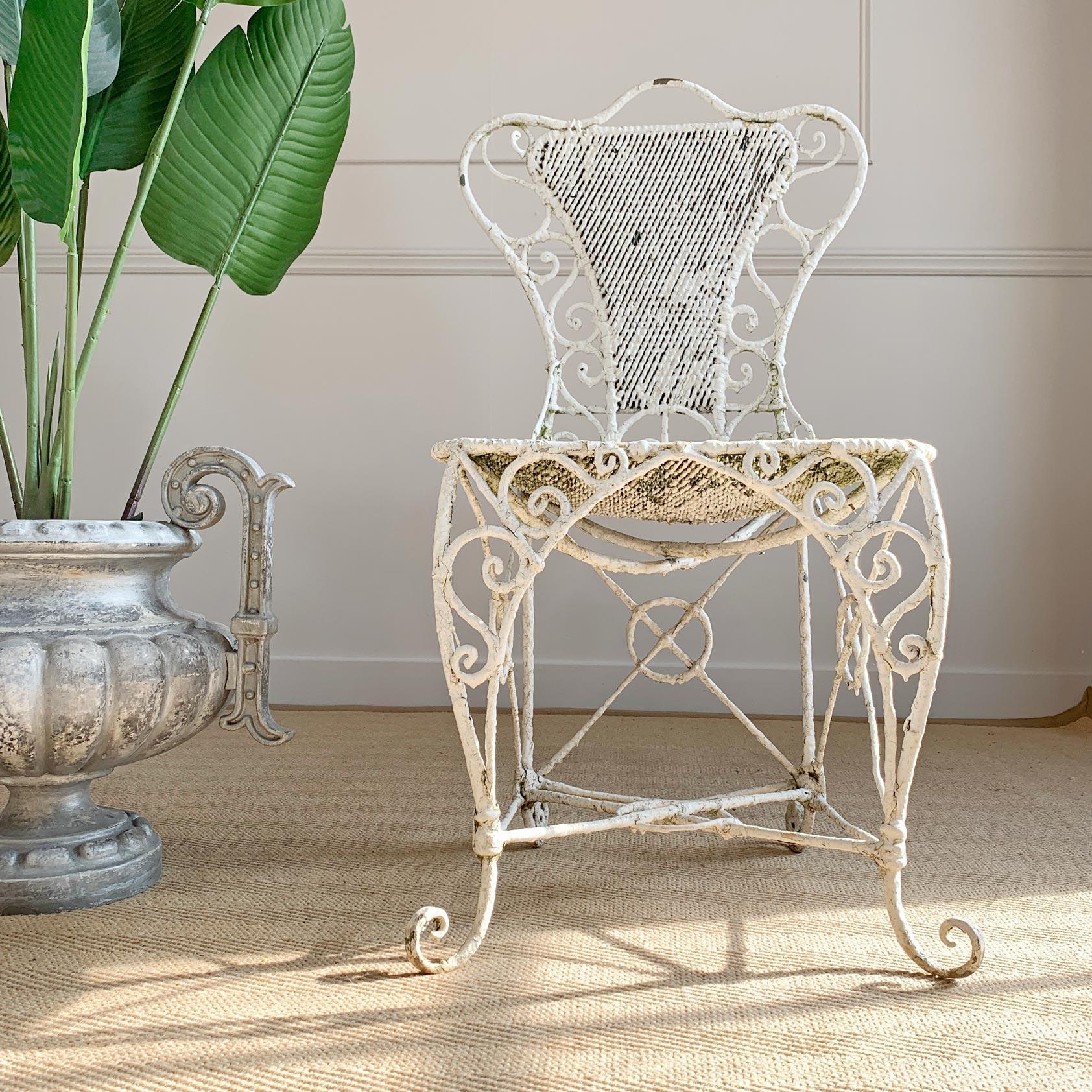 English Ornate Regency White Wirework Iron Chair For Sale