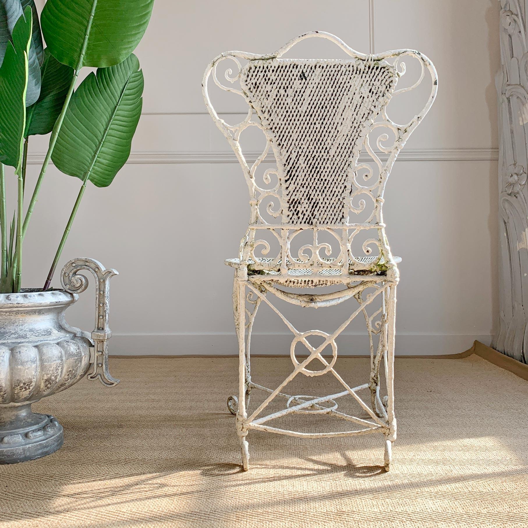 Wrought Iron Ornate Regency White Wirework Iron Chair For Sale