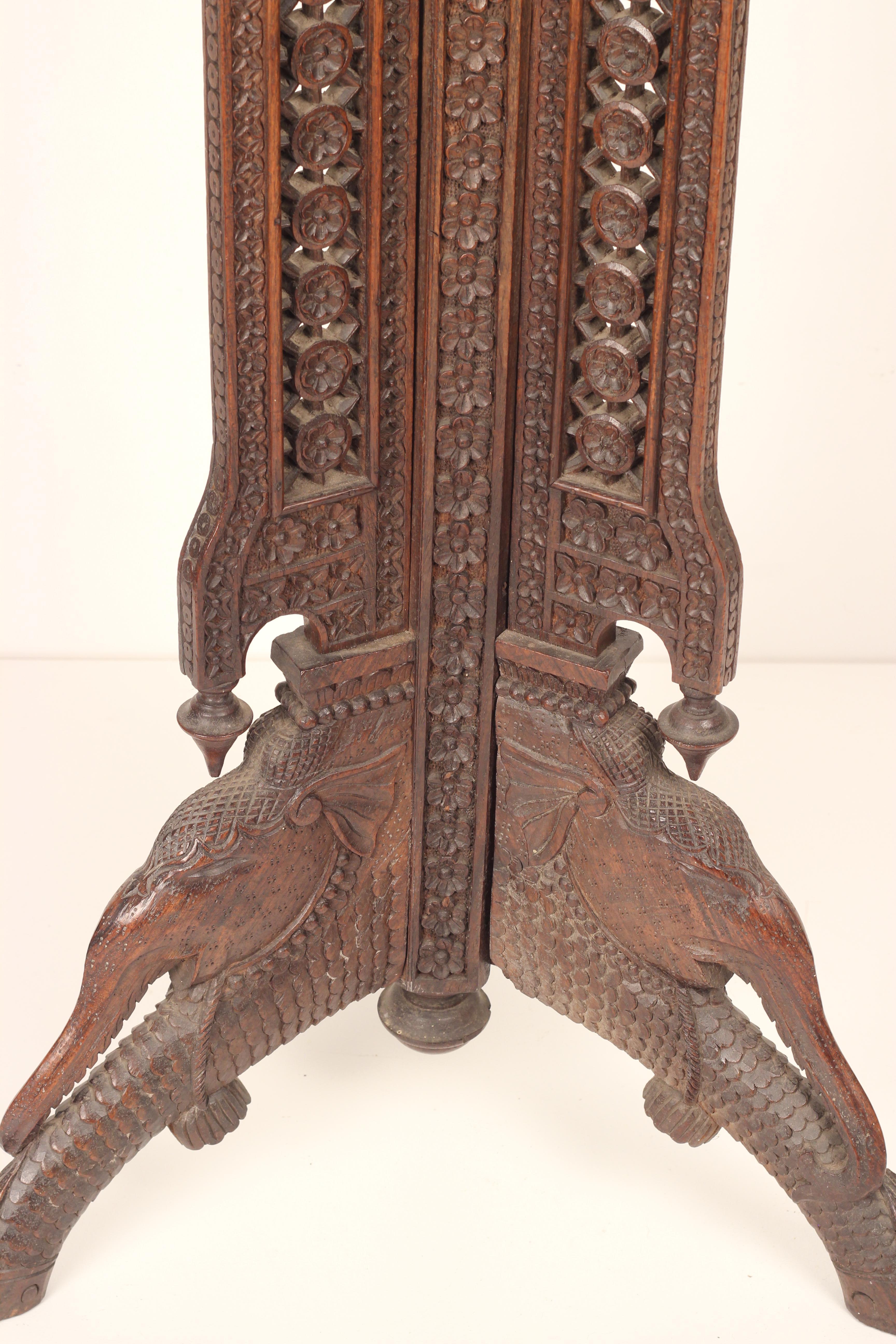 Boho Chic Style Hand Carved Anglo Indian Wooden Torchere with Elephant Details For Sale 5