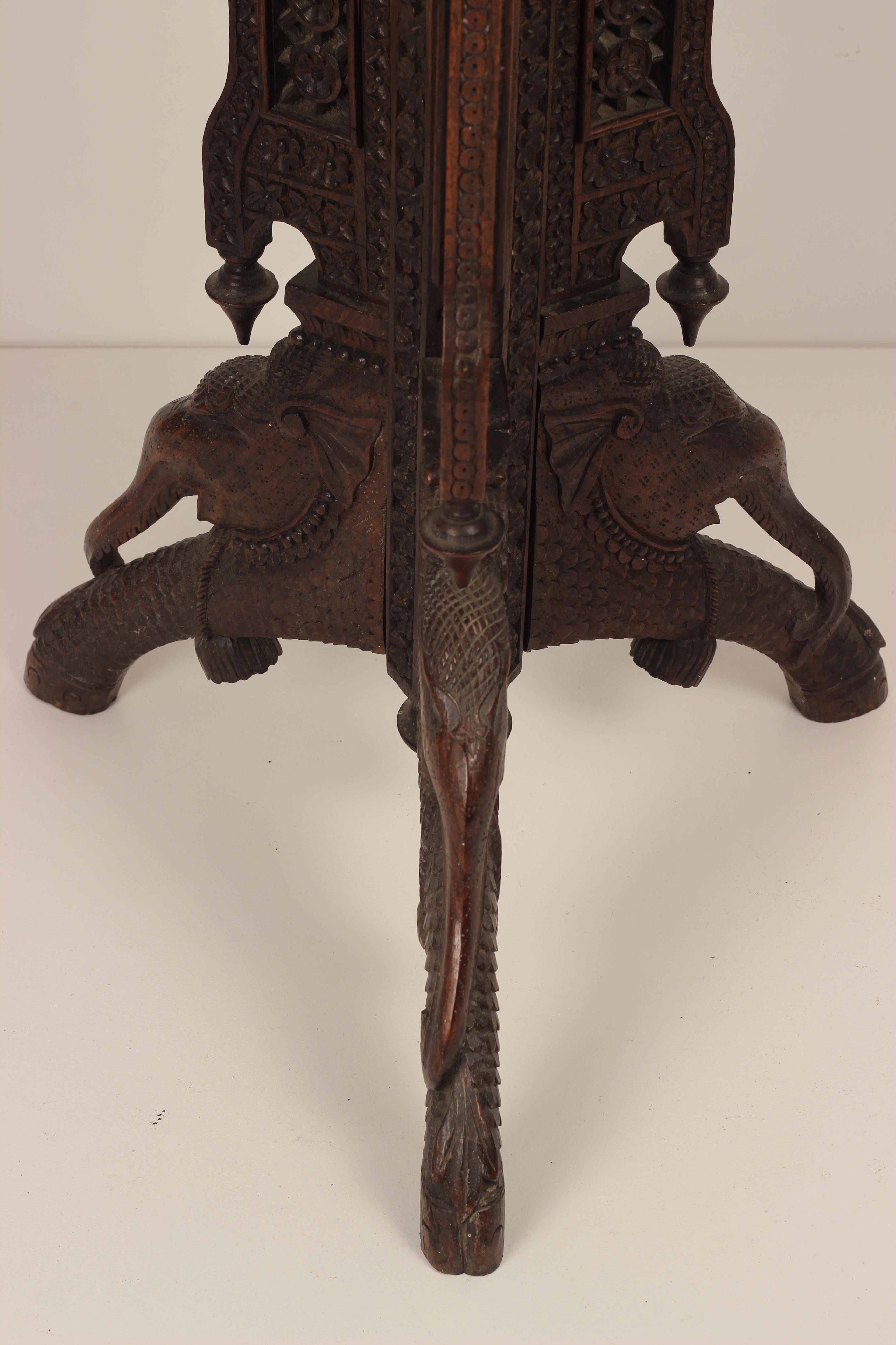 Boho Chic Style Hand Carved Anglo Indian Wooden Torchere with Elephant Details For Sale 6