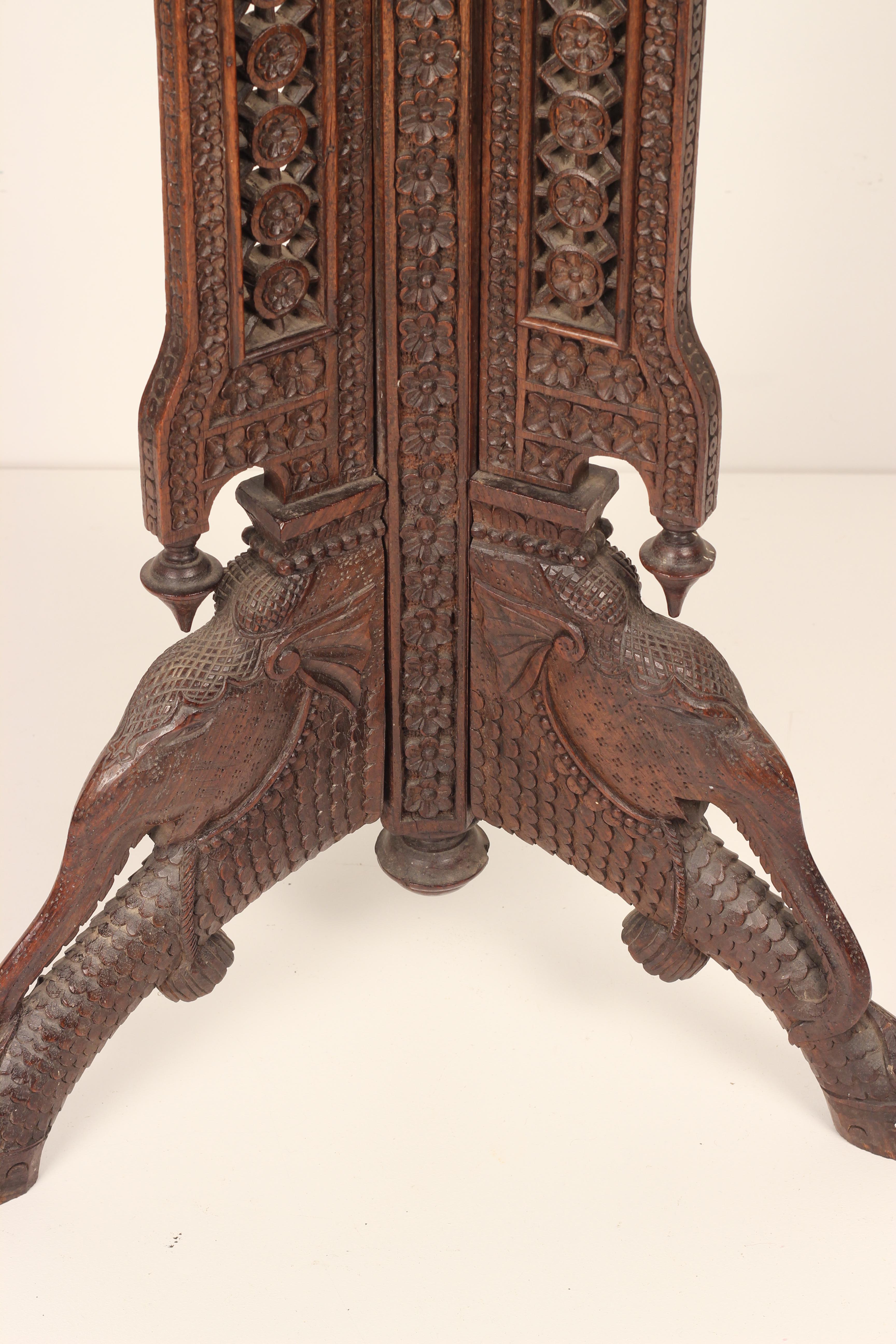 Boho Chic Style Hand Carved Anglo Indian Wooden Torchere with Elephant Details For Sale 7