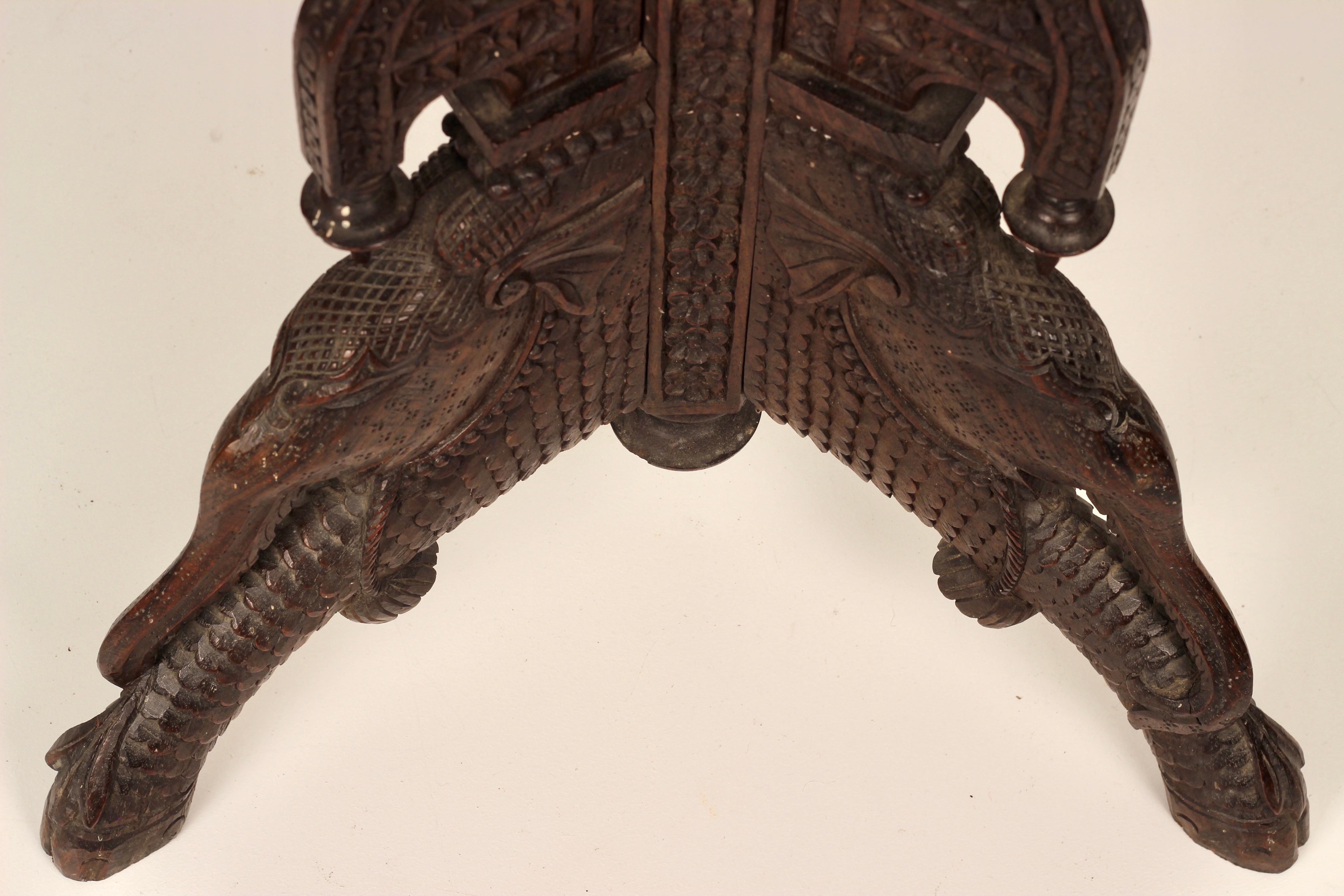 Boho Chic Style Hand Carved Anglo Indian Wooden Torchere with Elephant Details For Sale 12