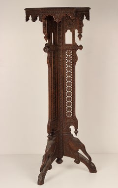 Boho Chic Style Hand Carved Anglo Indian Wooden Torchere with Elephant Details
