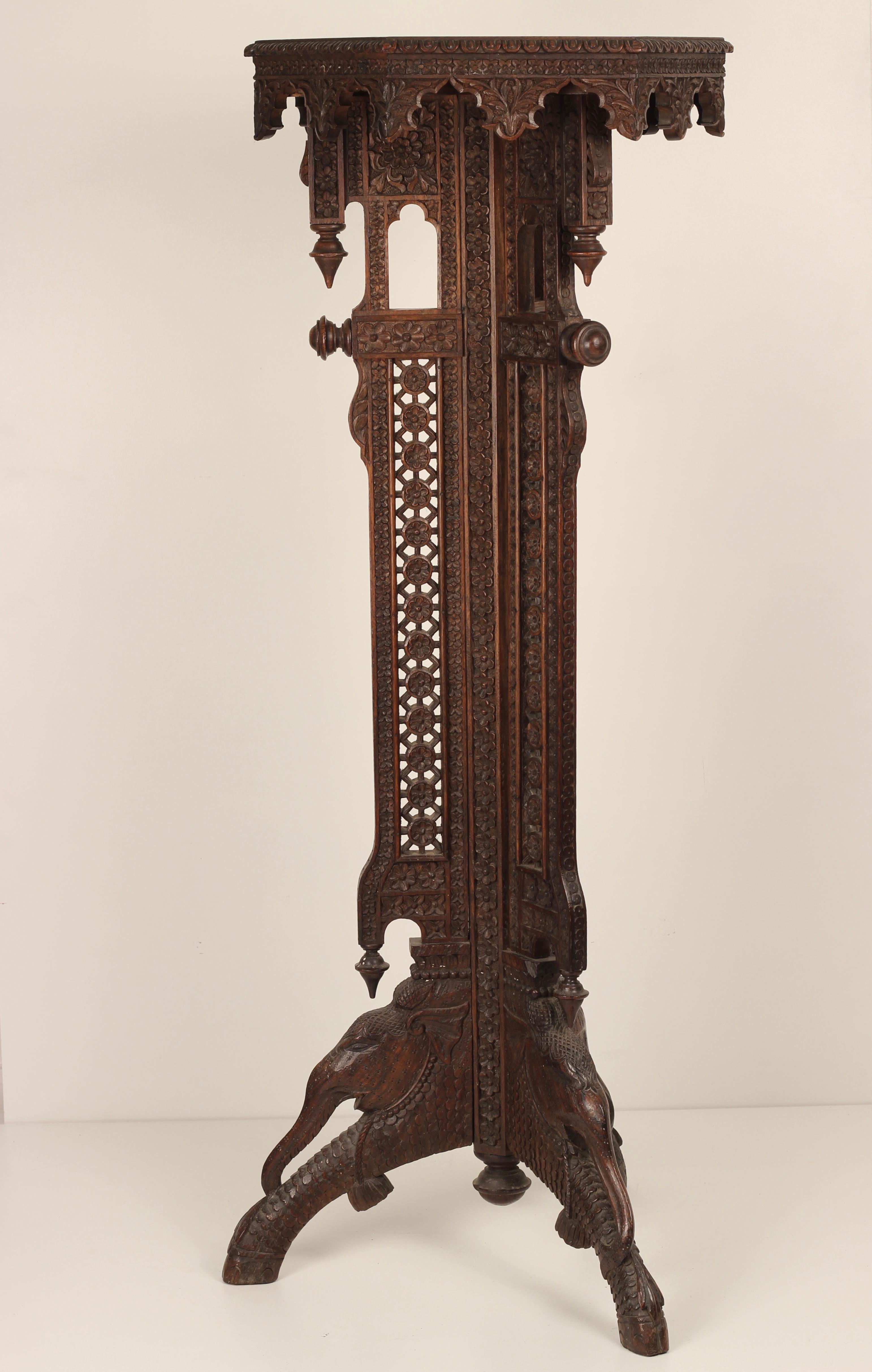 Hand-Carved Boho Chic Style Hand Carved Anglo Indian Wooden Torchere with Elephant Details