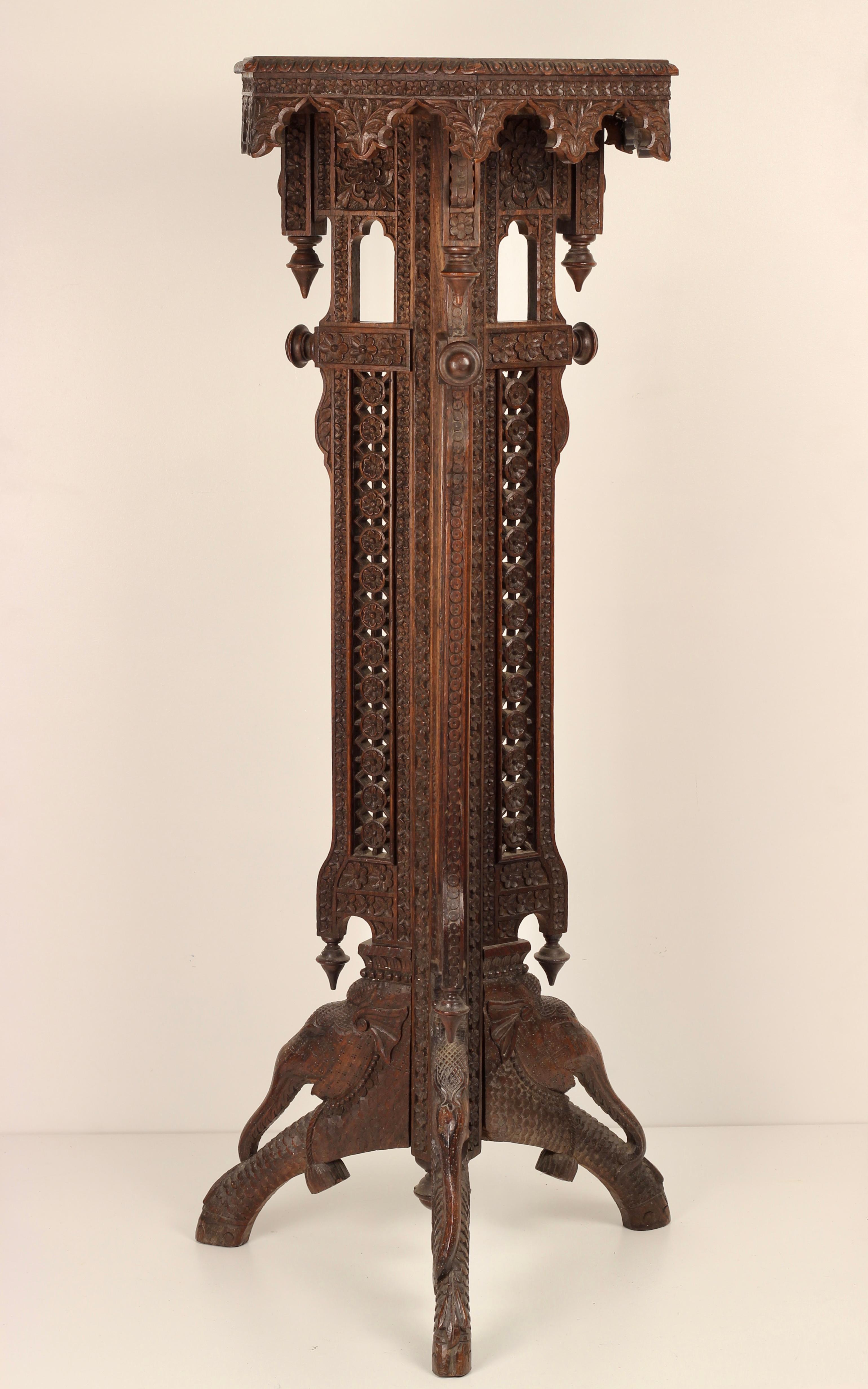 Late 19th Century Boho Chic Style Hand Carved Anglo Indian Wooden Torchere with Elephant Details For Sale