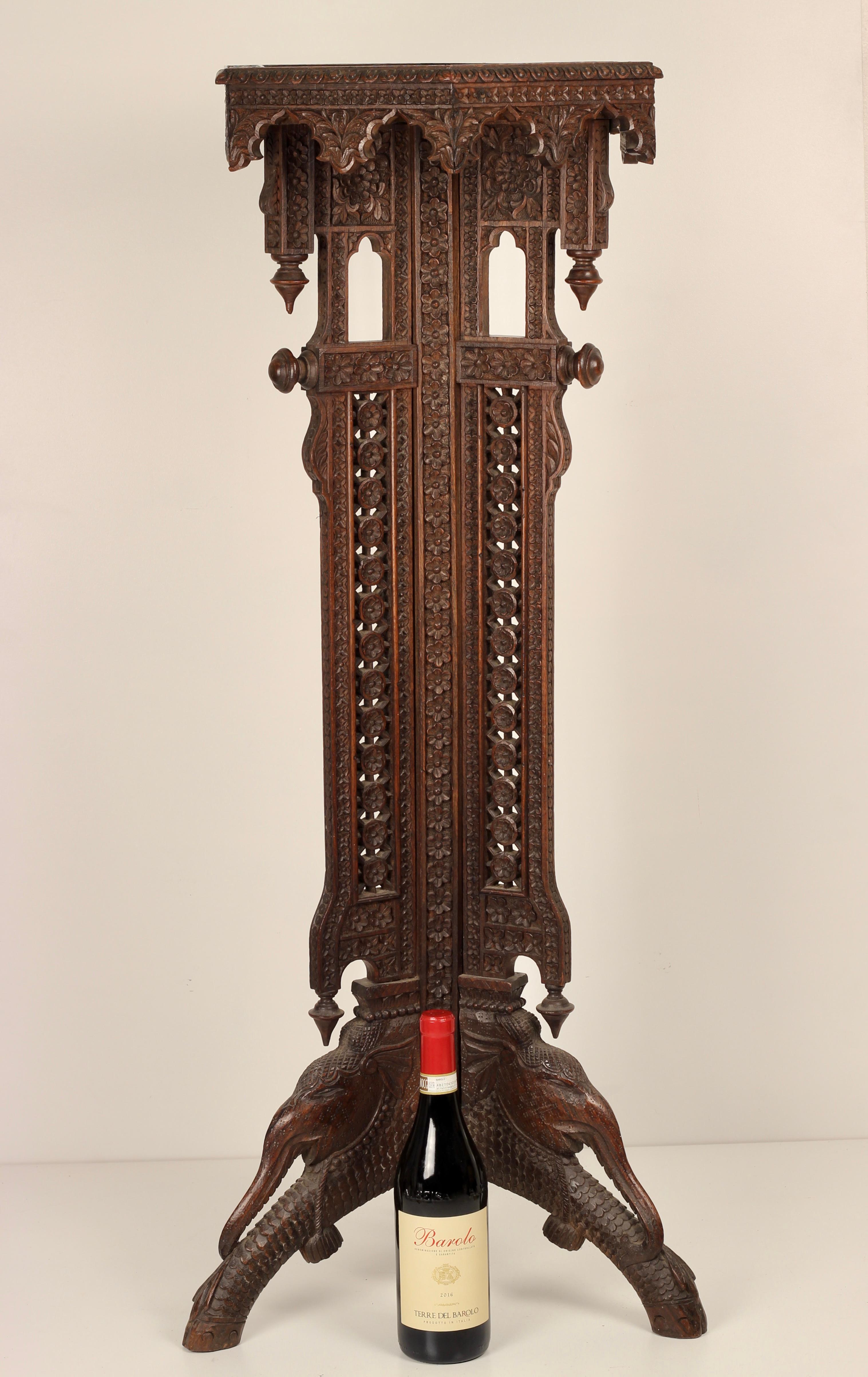 Boho Chic Style Hand Carved Anglo Indian Wooden Torchere with Elephant Details 1