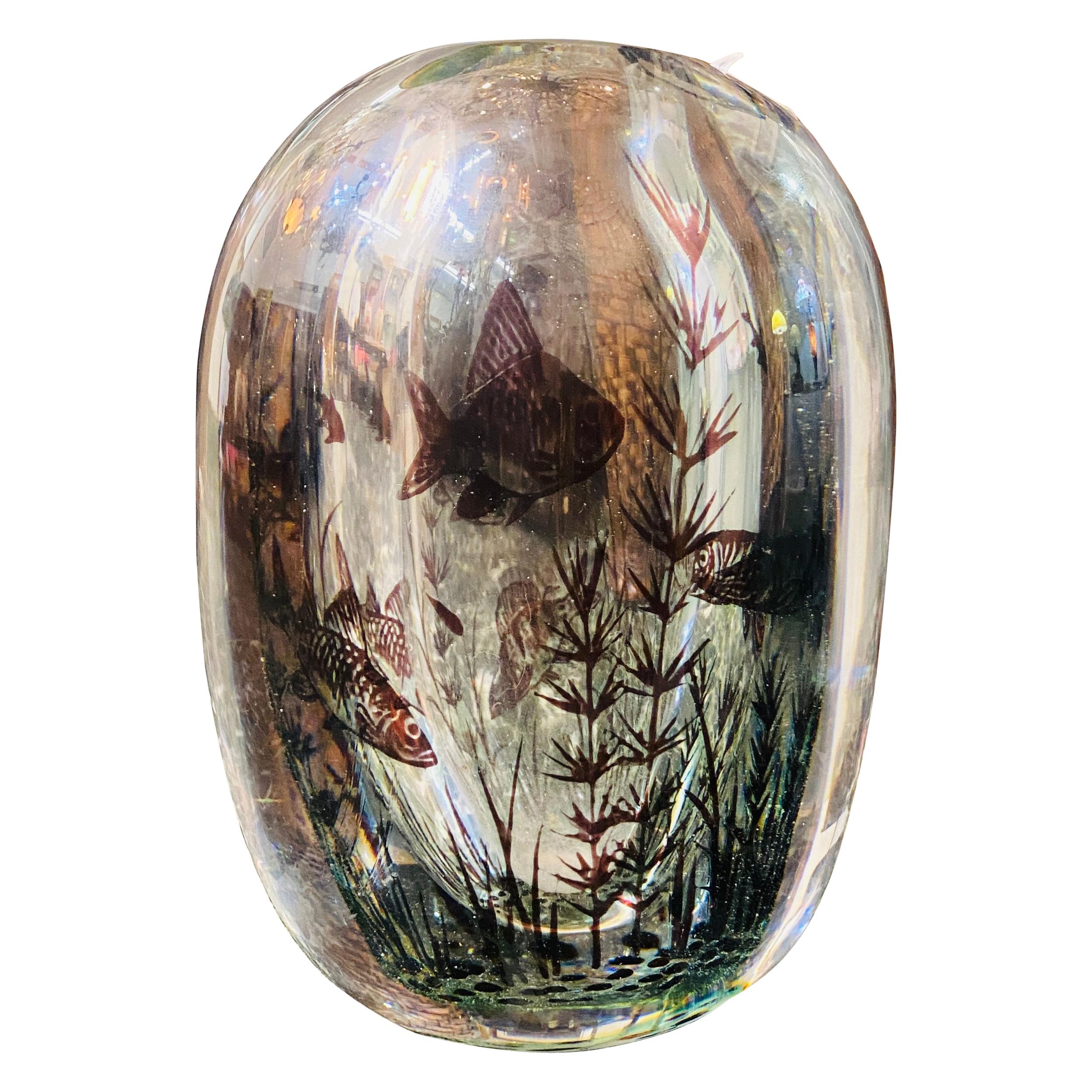 Orrefors 'Graal' Glass Vase, Sweden, 20th Century, Internally Decorated For Sale
