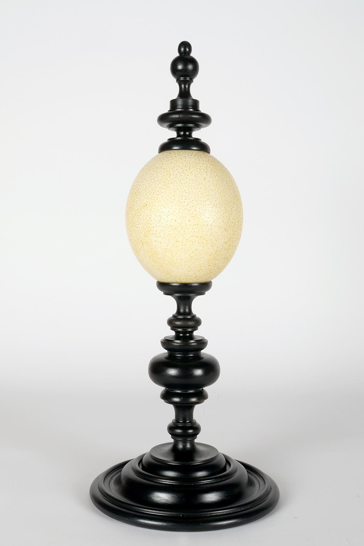 Italian An ostrich egg from a wunderkammer, with an ebonized wooden base, Italy 1900. For Sale