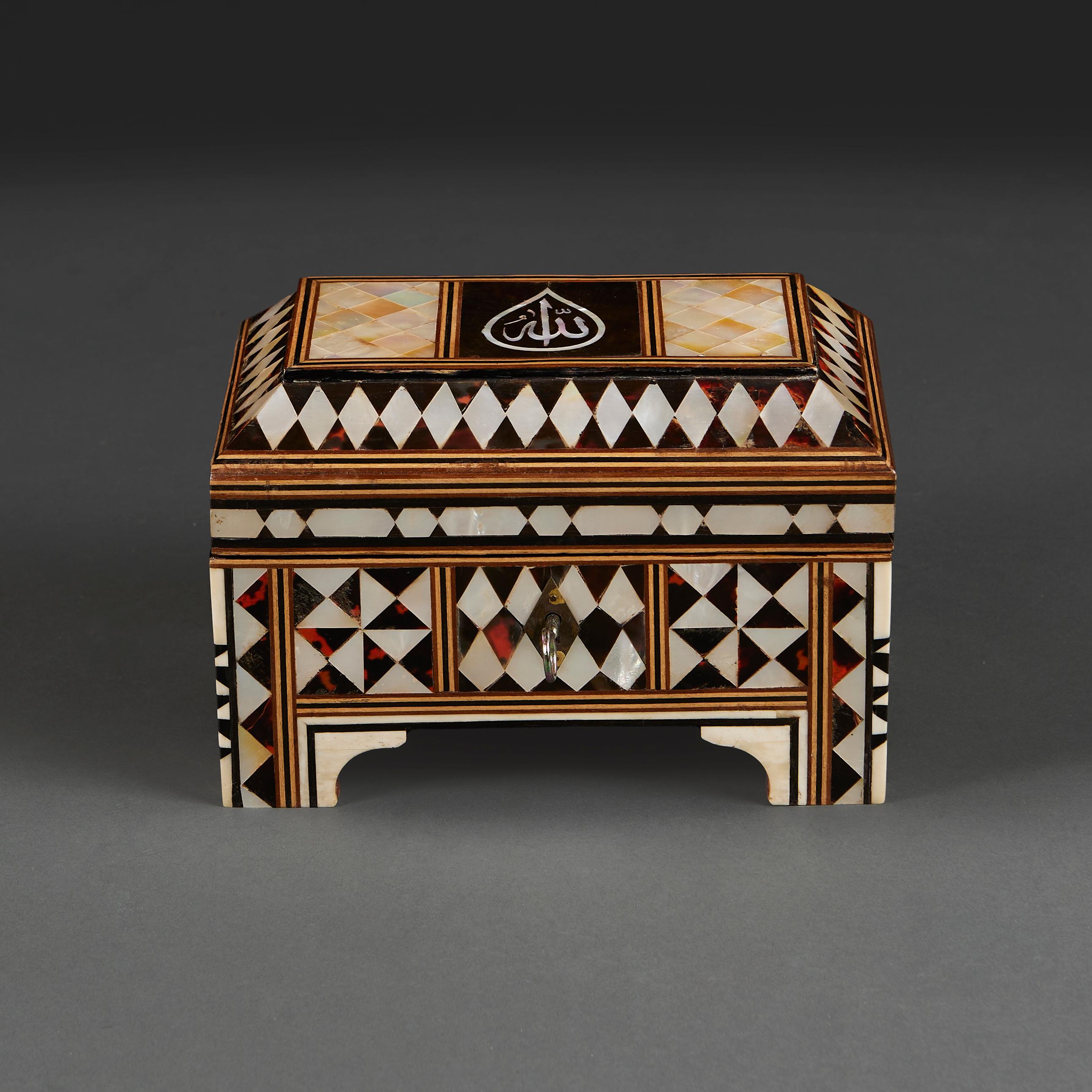 Turkey, circa 1900

An early twentieth century Ottoman casket of small scale, decorated throughout with inlaid mother of pearl and tortoiseshell, the lid opening to reveal a red lined interior.

Height    16.00cm
Width      23.00cm
Depth     14.00cm