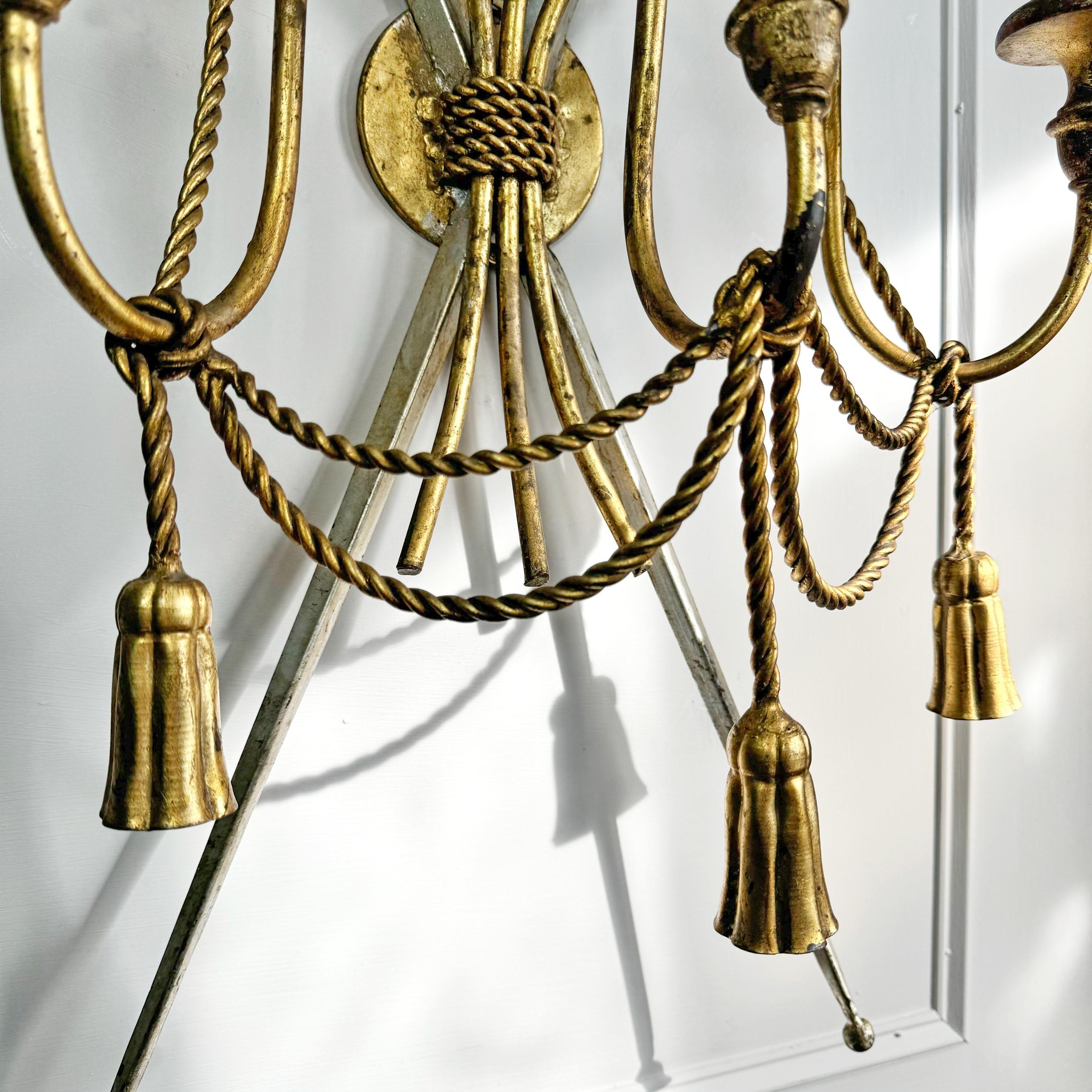 Mid-20th Century An Outstanding 1950's Italian Cross Sword and Gilt Rope Tassel Wall Light For Sale
