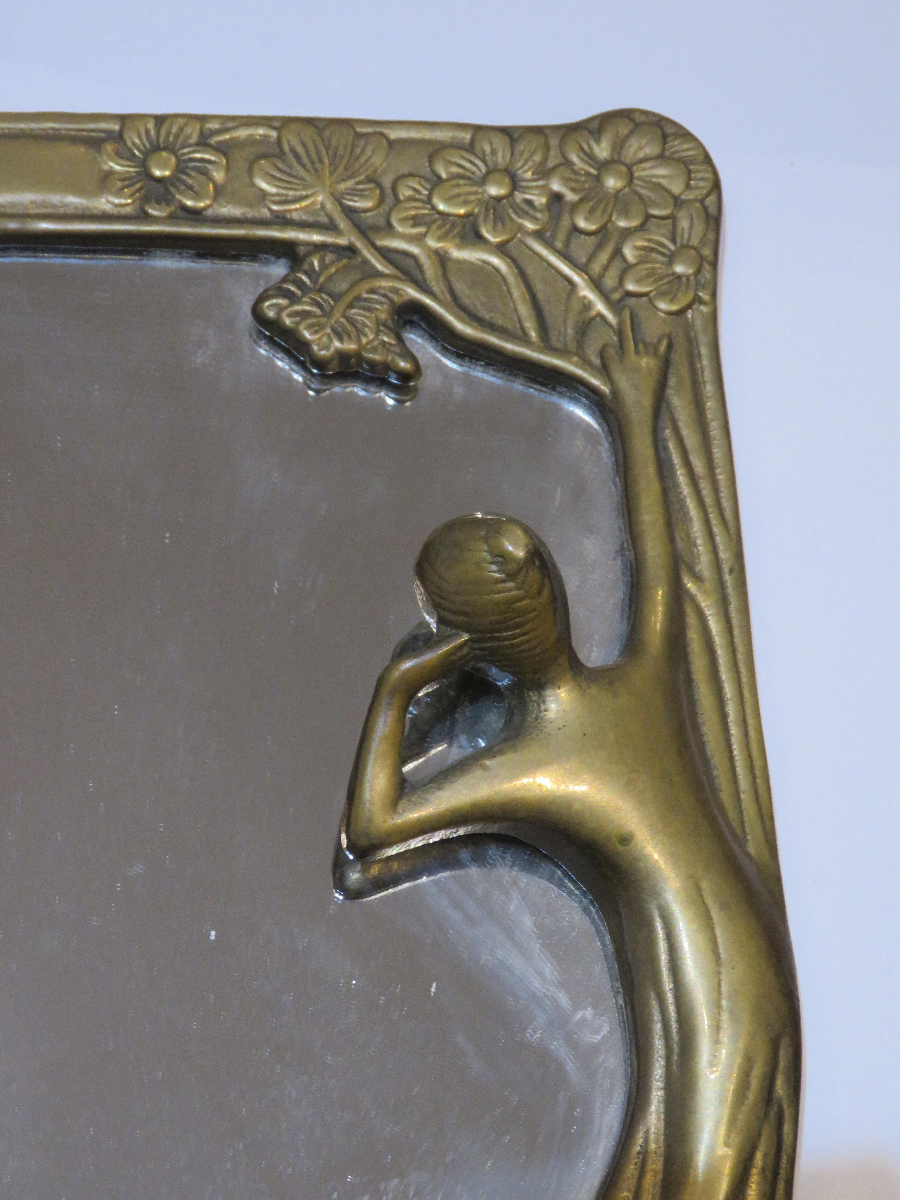 Unknown An Outstanding Bronze Art Deco Maiden Vanity Standing Mirror Tiffany Attributed For Sale