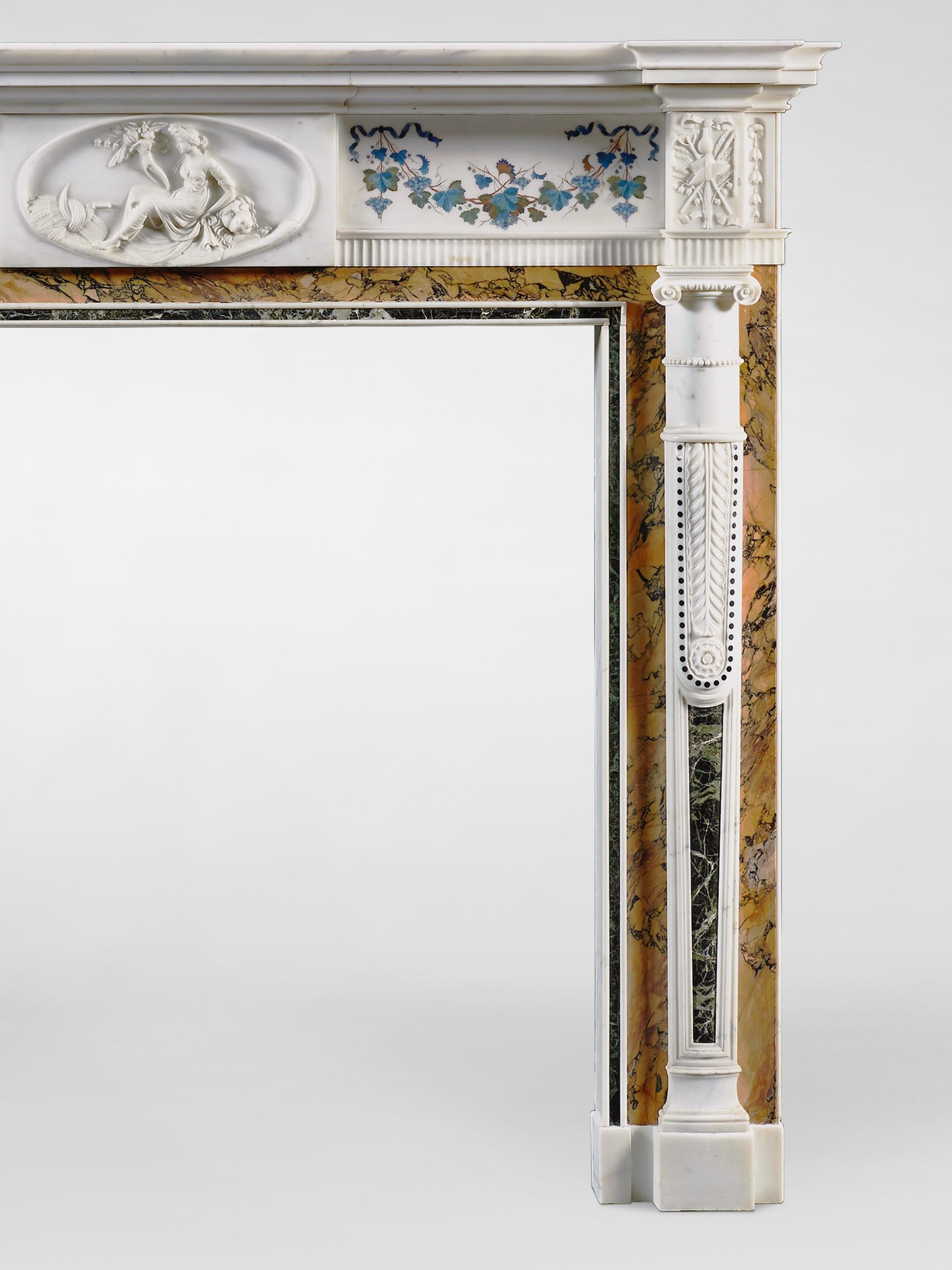 Carved An Outstanding Irish Neoclassical Chimneypiece Featuring Fine Scagliola Inlay For Sale