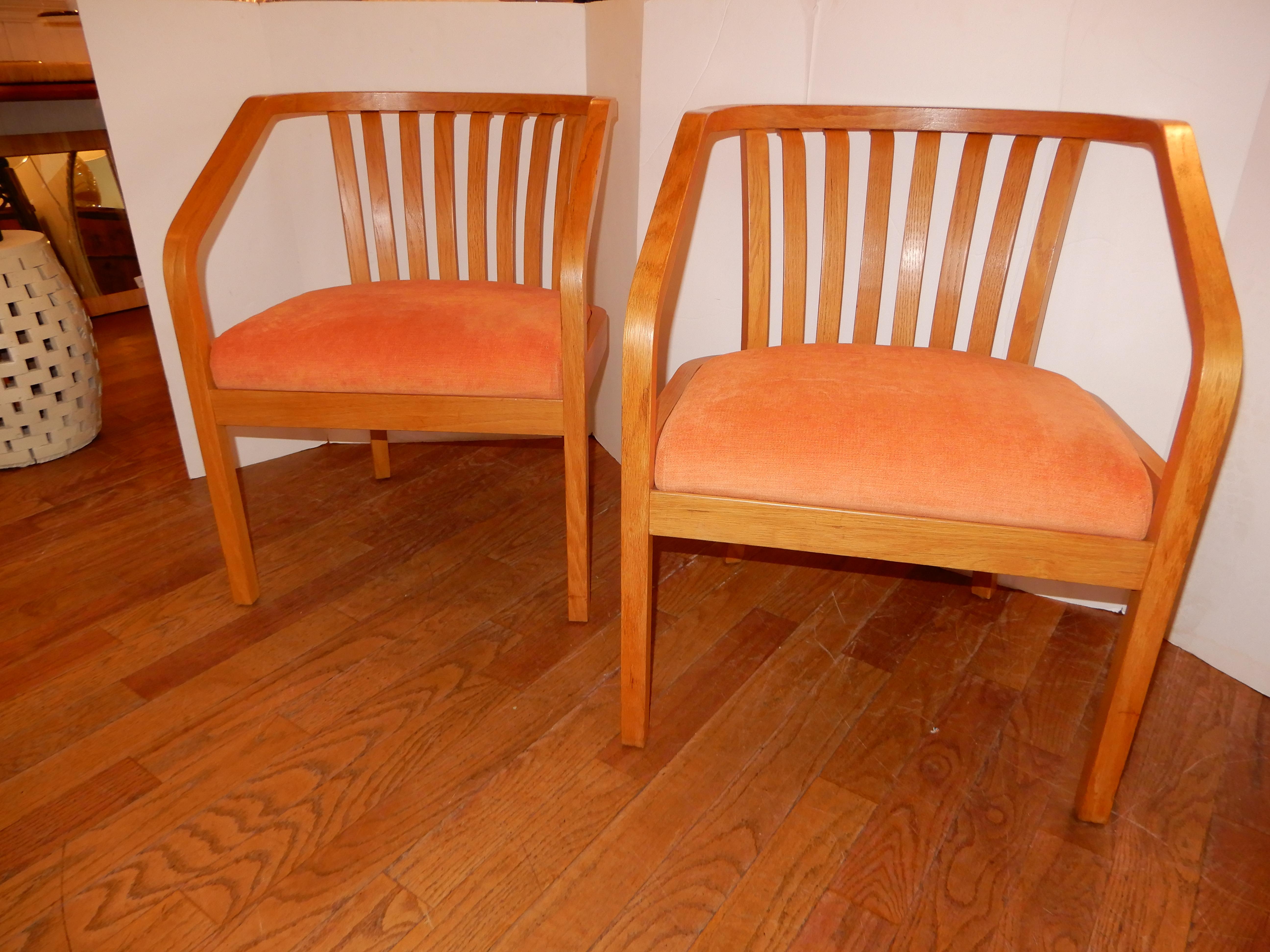There are four chairs available and sold in sets of two,all new upholstery in a soft chenille fabric,immaculate condition. Generous deep seat,light oak wood curvaceous frames. Danish modern circa 1970s.All hand crafted.