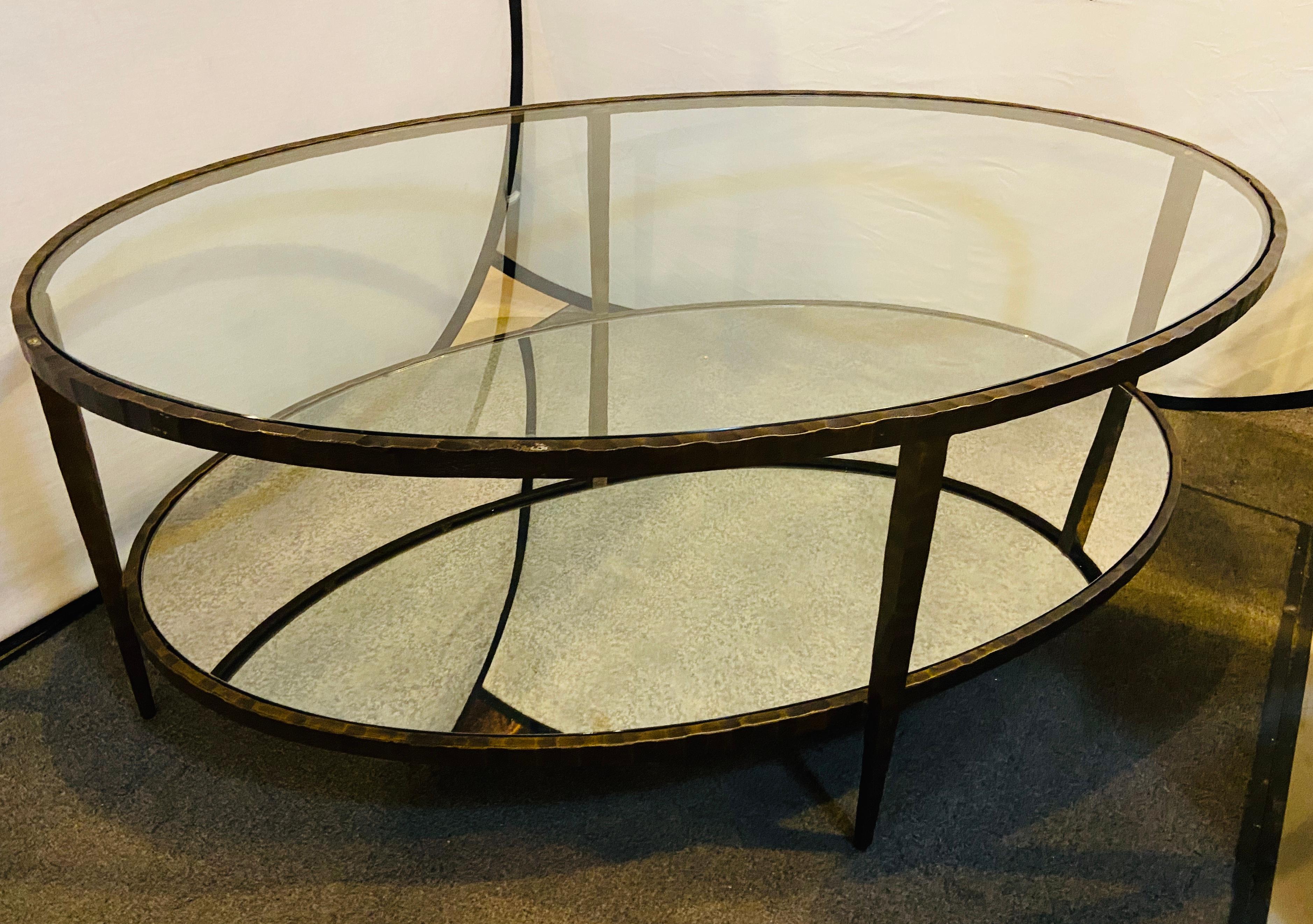 Oval Antiqued Metal Coffee / Low Table with Glass Top 3