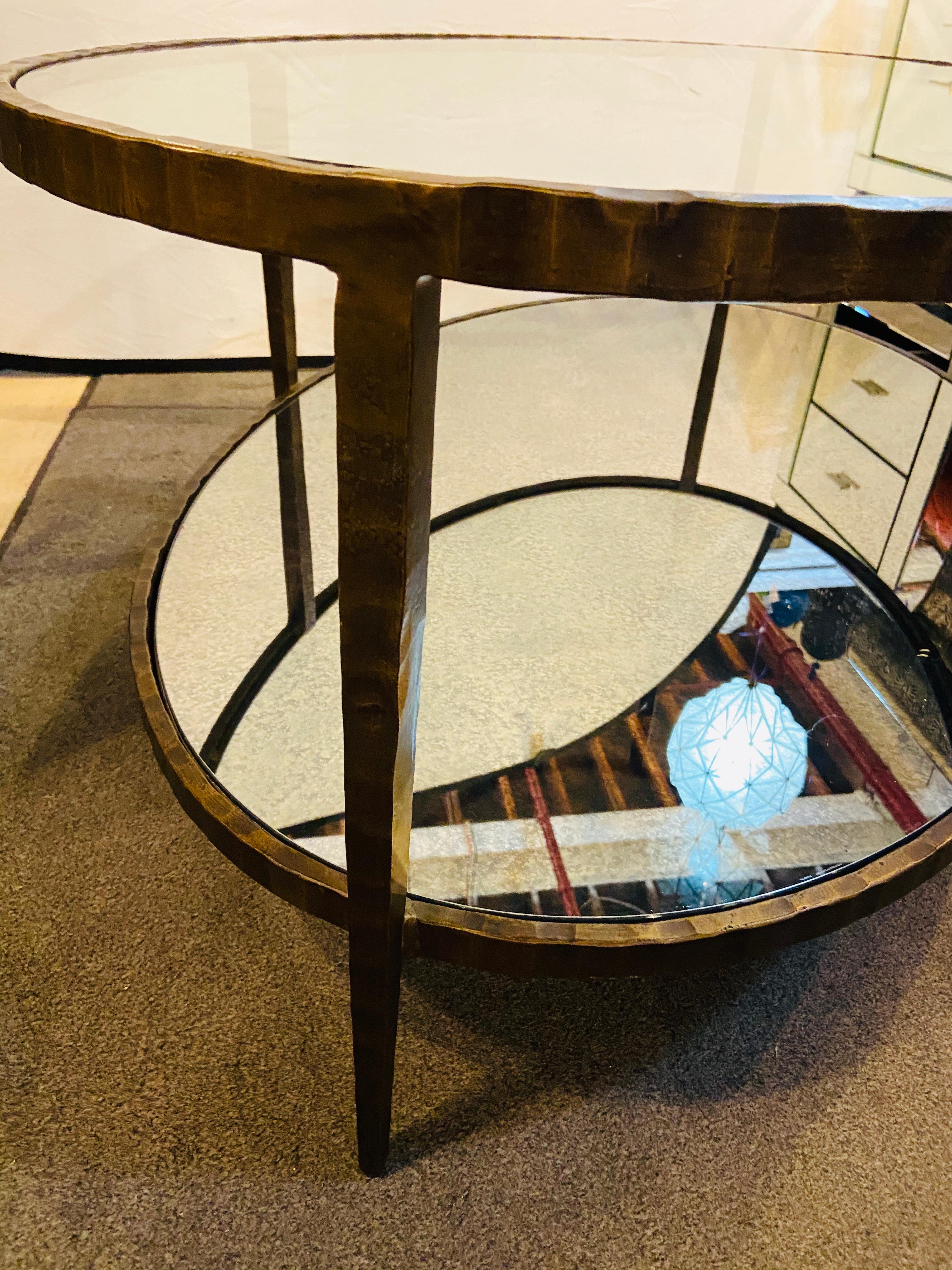 Hollywood Regency Oval Antiqued Metal Coffee / Low Table with Glass Top