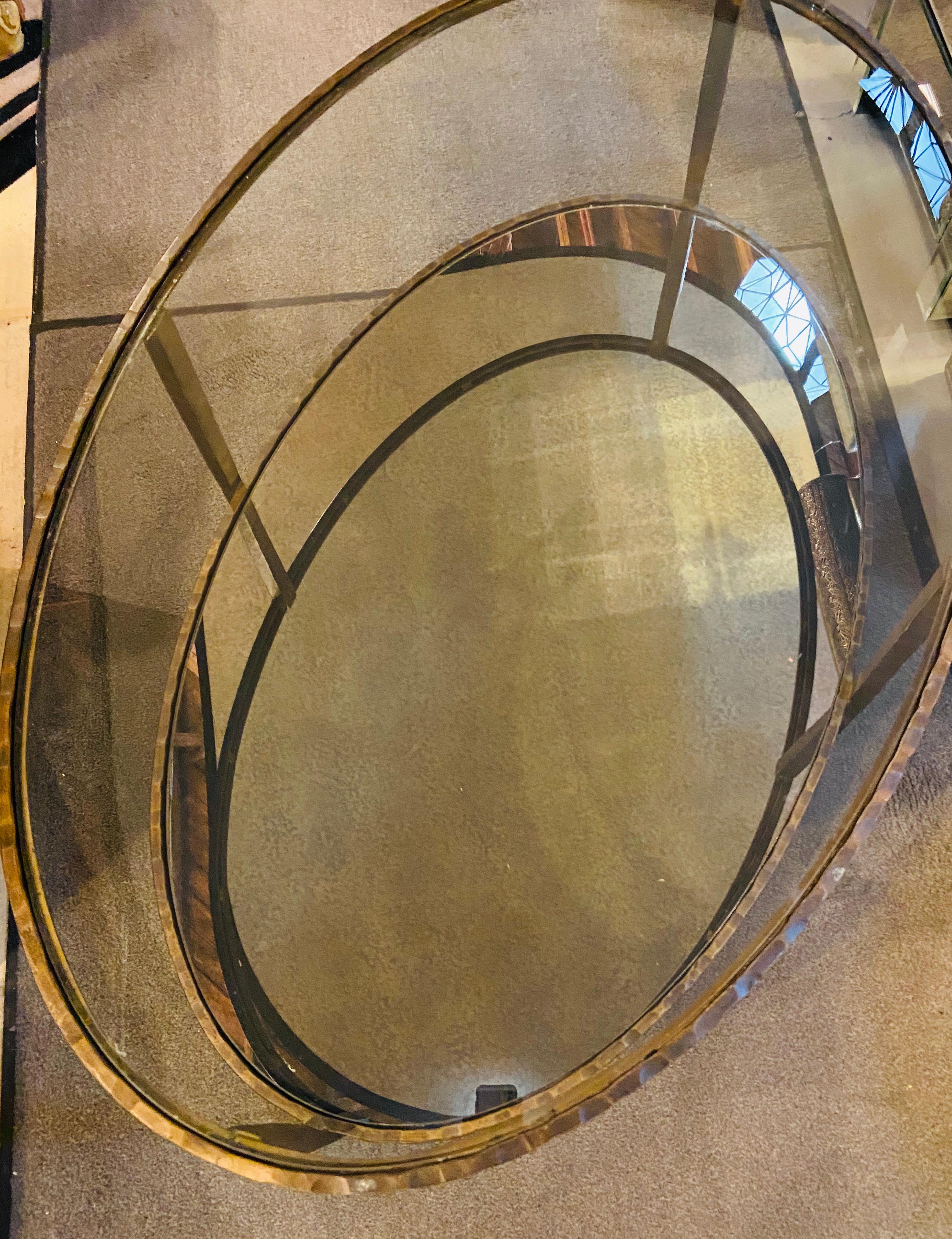 Oval Antiqued Metal Coffee / Low Table with Glass Top In Good Condition In Plainview, NY