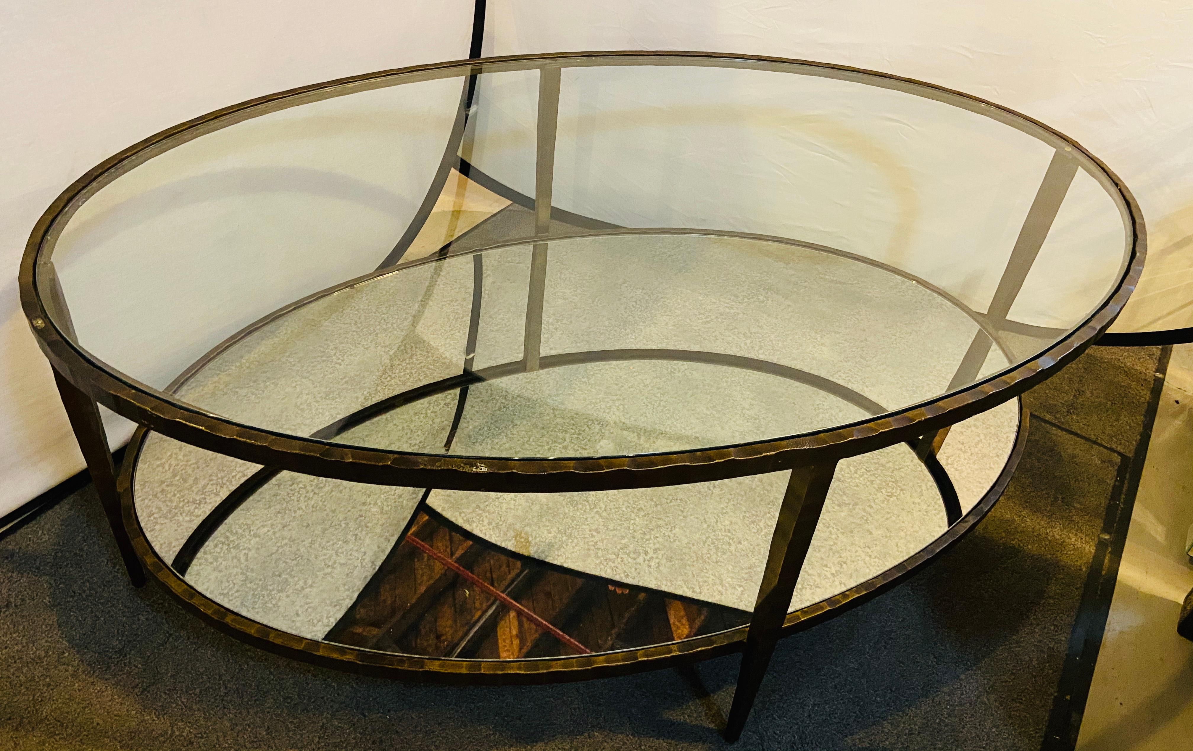 Late 20th Century Oval Antiqued Metal Coffee / Low Table with Glass Top