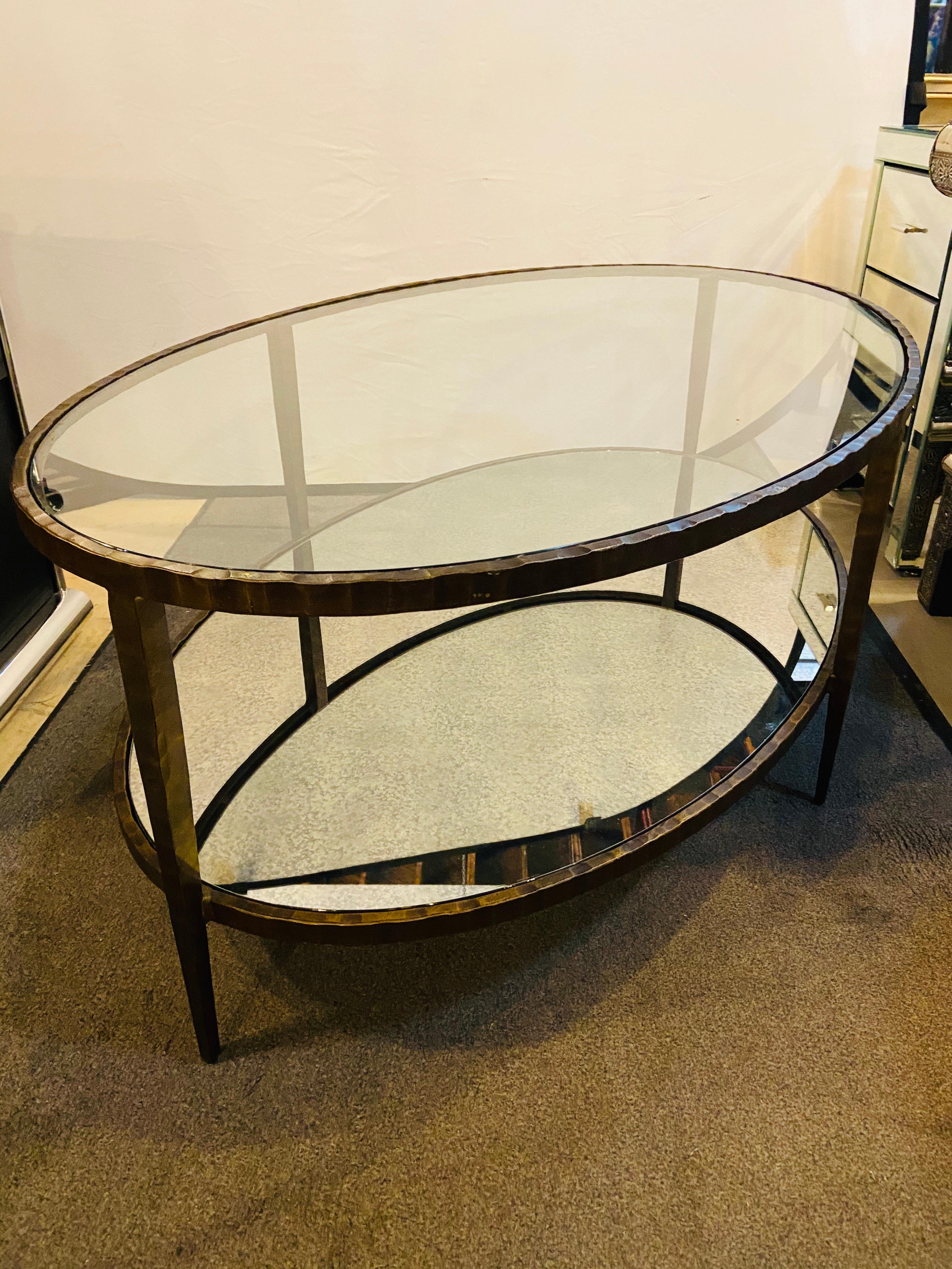 Oval Antiqued Metal Coffee / Low Table with Glass Top 1