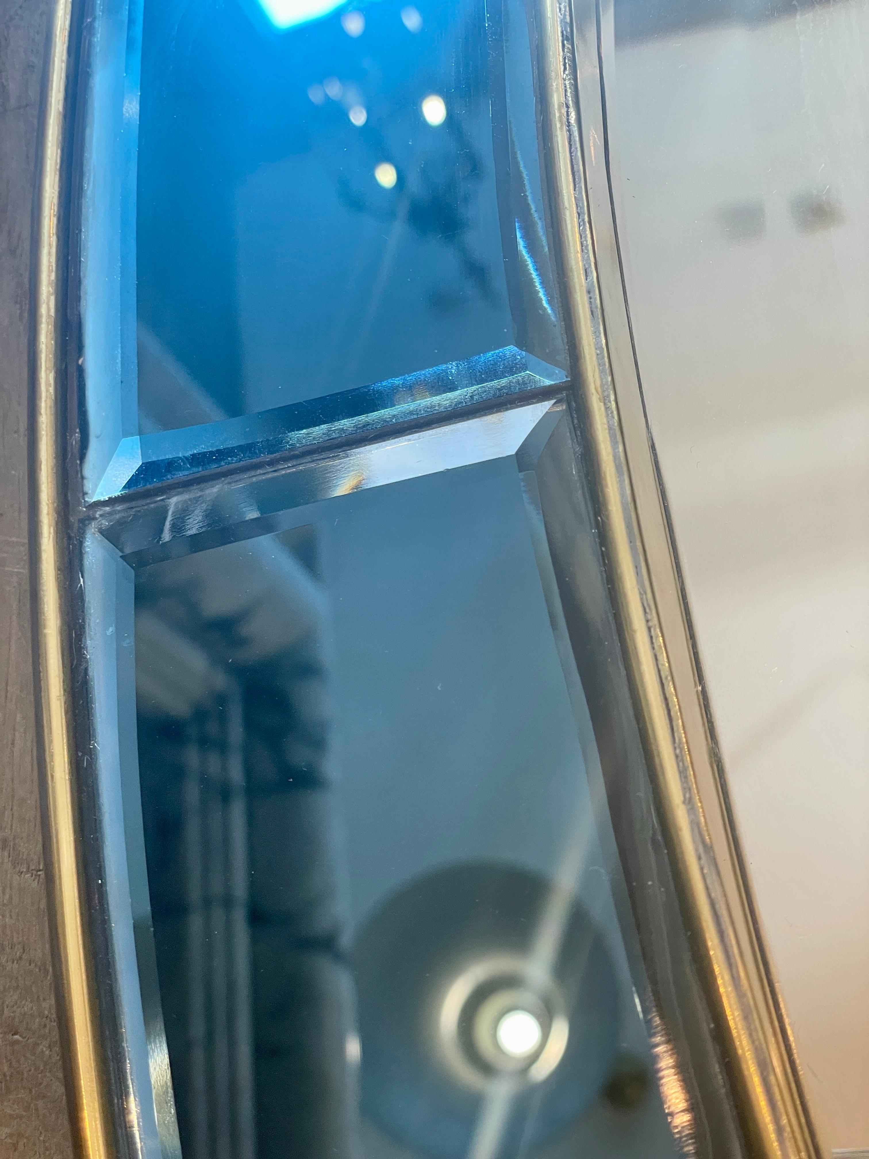 Beveled Oval Blue Panelled Brass Framed Mirror For Sale