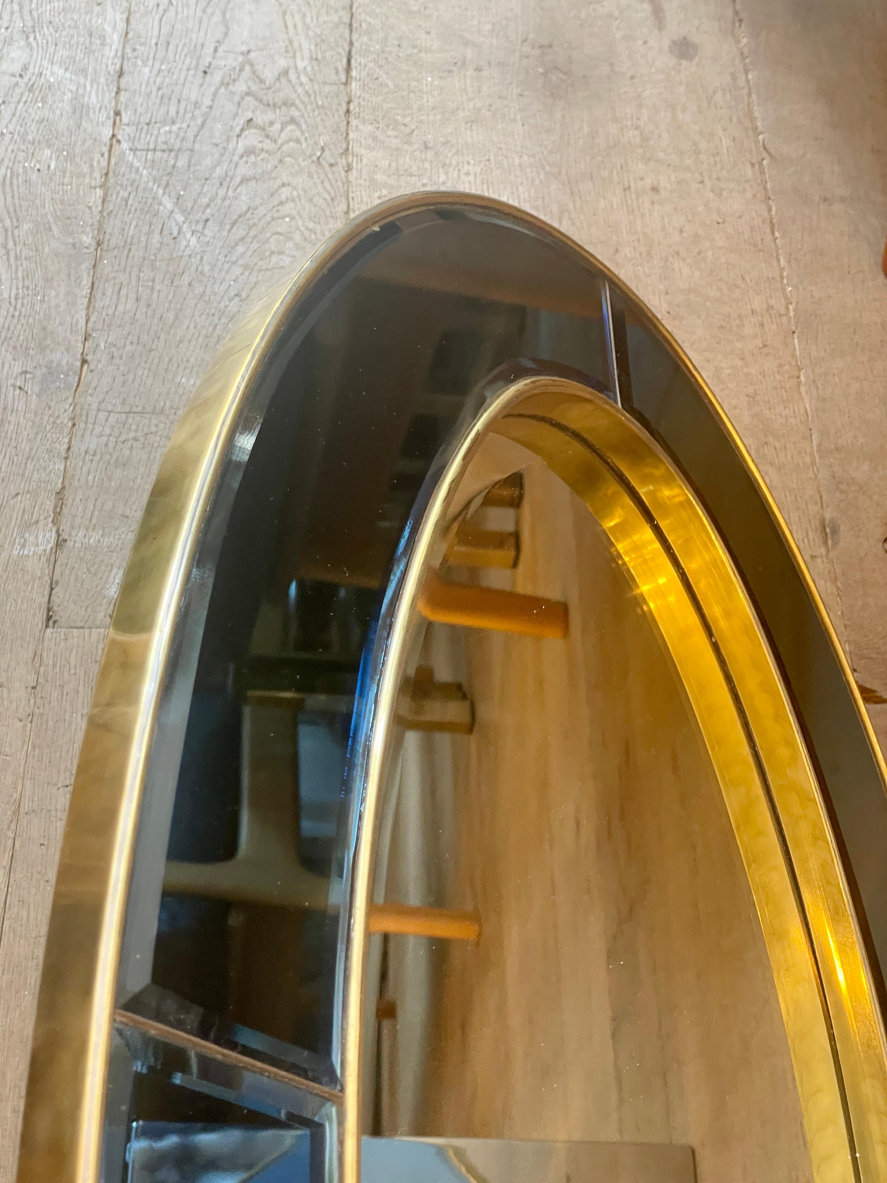 Contemporary Oval Blue Panelled Brass Framed Mirror For Sale