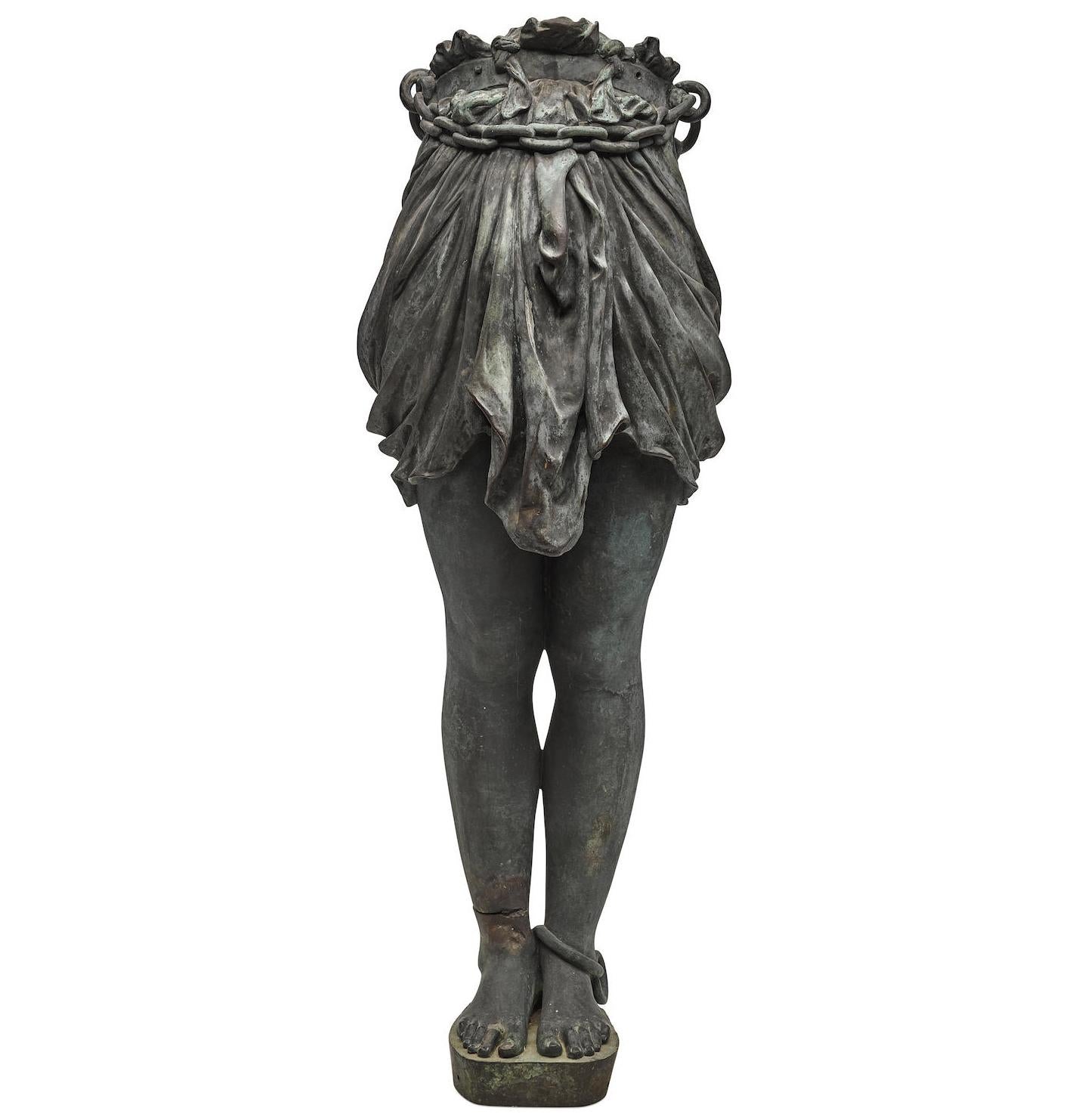 A fine over-lifesize patinated bronze Greco roman revival style standing half-figure of Andromeda, probably French, late 19th century or early 20th century. The heavily finely cast-bronze lower female extremity with her waist wrapped with a heavy