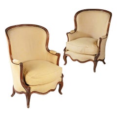 Overscale Pair of 19th Century Walnut Bergères with Linen Upholstery
